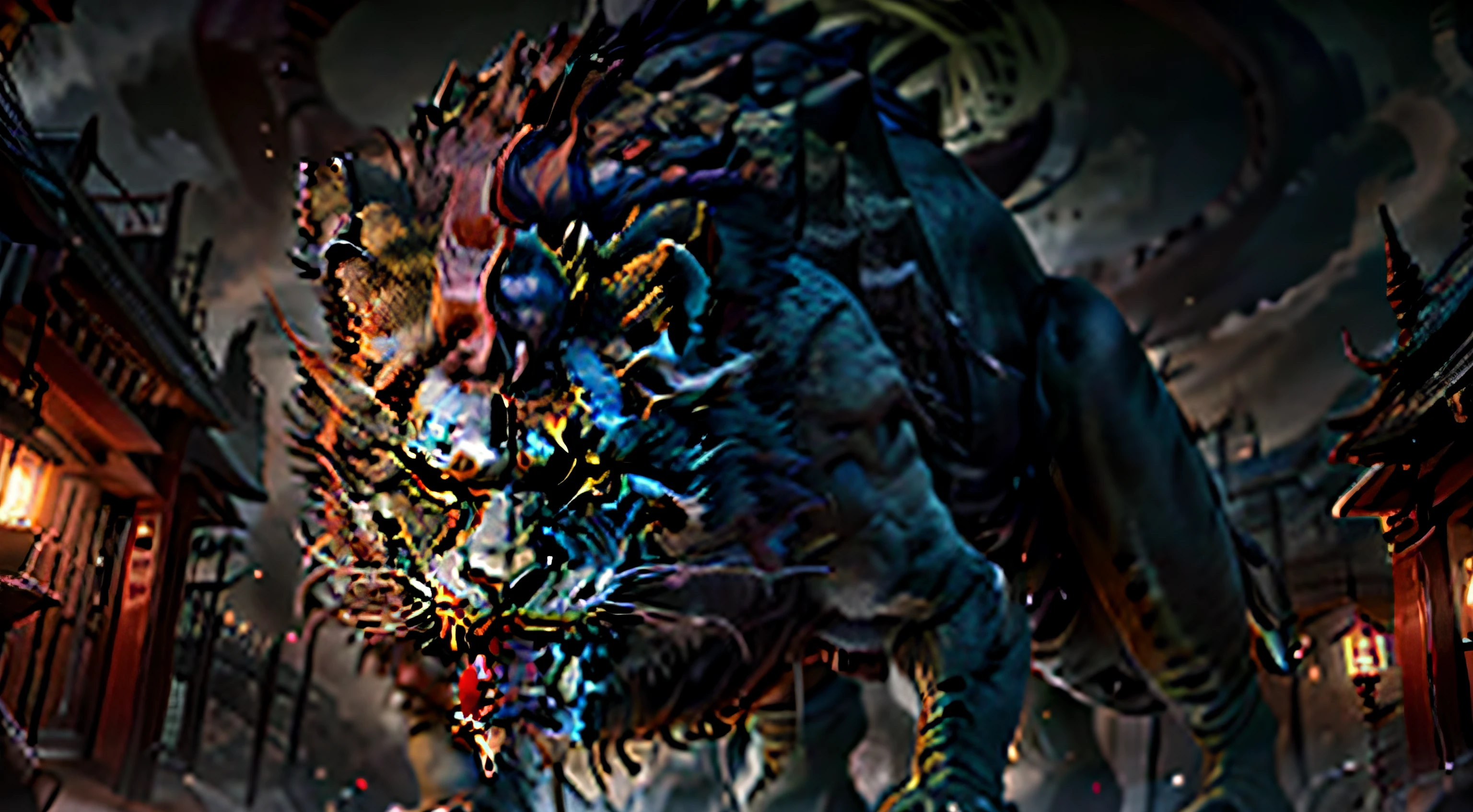 Green Haired Lion Monster,Hideous looking,Chiseled teeth and serrations,Round-headed aspect。Roar,Eyes like electricity。Nose up,Red eyebrows fluttering