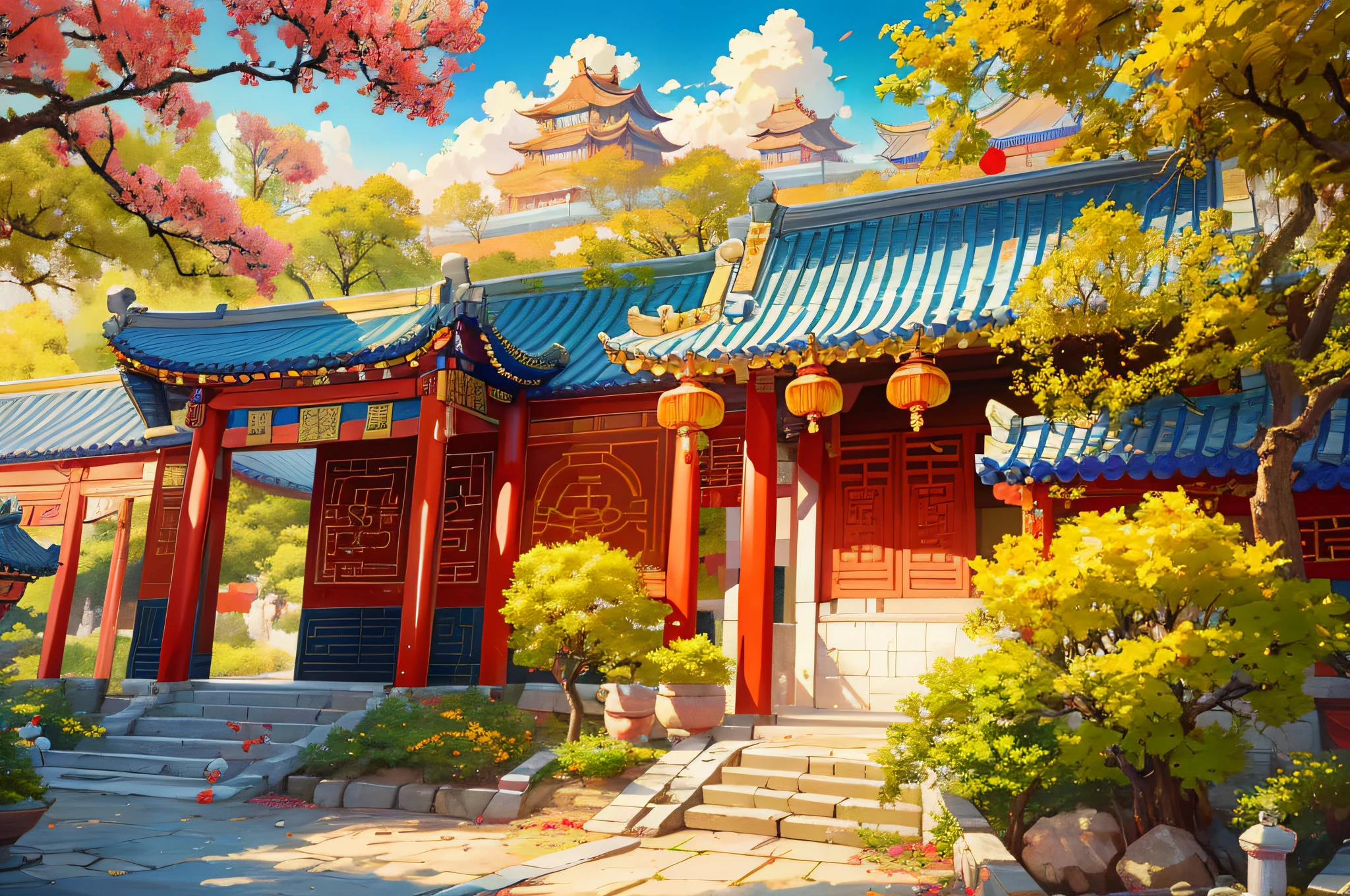 best qualtiy,tmasterpiece,A high resolution,vibrant with colors,hand painted style,Chinese Ancient Architecture,The gate of the royal palace,Shishi,Magnificent。beijing,Imperial,the forbidden city,Luzes Realistas,high definition detail,The best quality,8K