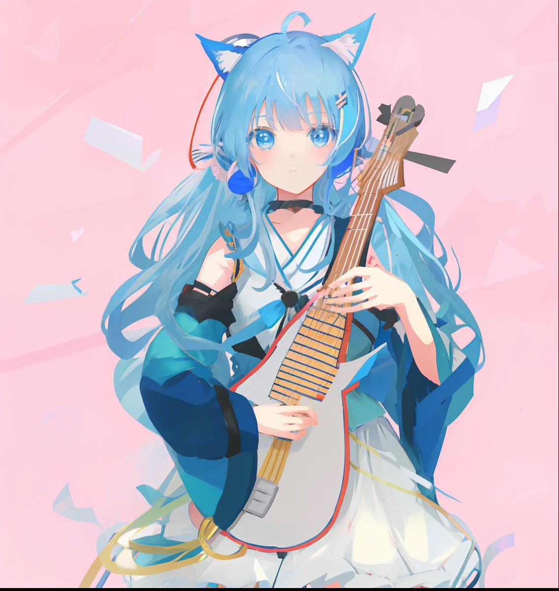 anime girl with blue hair and blue eyes holding a musical instrument, anime moe artstyle, nyaruko-san, , mikudayo, anime girl with cat ears, vocaloid, nekomimi, keqing from genshin impact, tsuaii, is playing a lute, neko, shirabii, shikamimi, miku