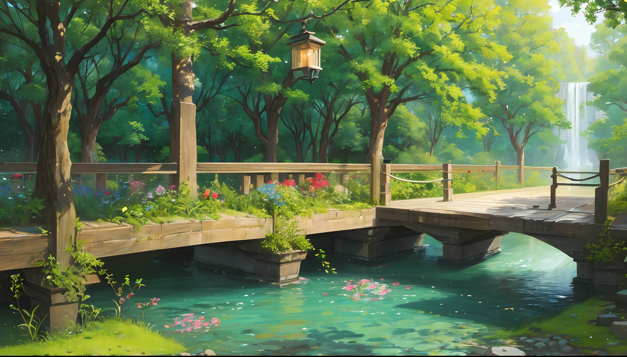 At dusk, green trees, willows flying, surrounded by blue water, small bridges and flowing water, antique color, floral fragrance, warm as jade, birds singing and flowers, water town paintings, leisurely, real photography, 16K resolution