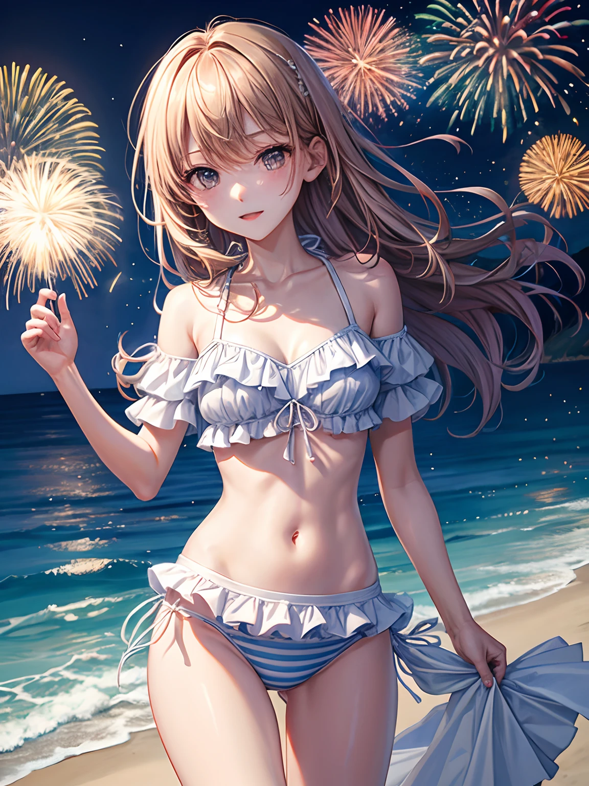 lighting like a movie、Slender Line、medium chest、top-quality、Bikini with ruffles、Beach at night、Fireworks are going off、