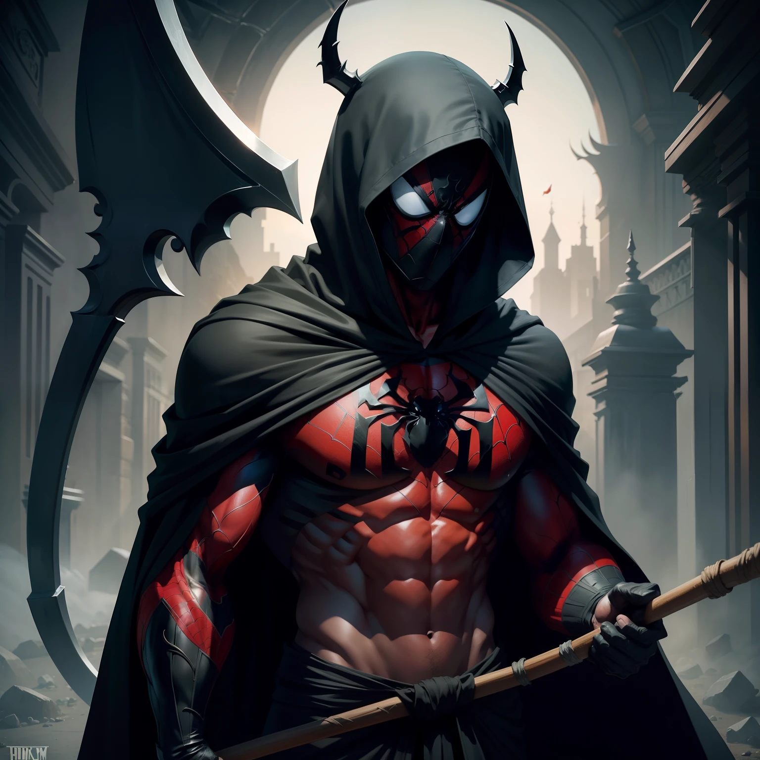 Spidey，Wear a mask on your head，Shirtless，Abs，Venom suit，Wear the black robe of the Grim Reaper，Scythe in hand