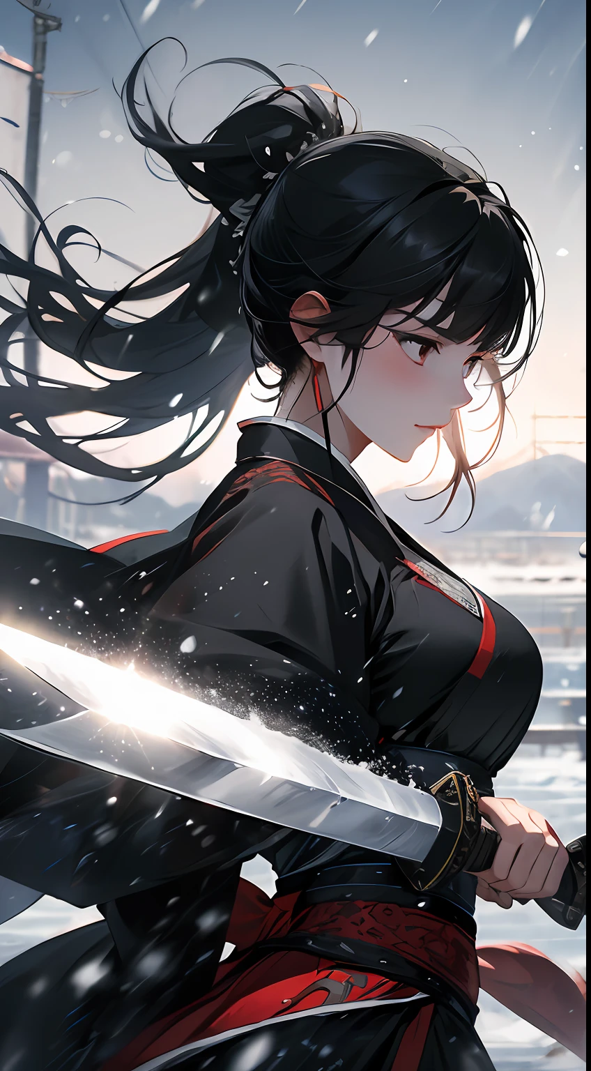 A woman holds a large knife,The knife is right in sight,Gorgeous light gauze Hanfu,Angry expressions,Separate bangs,Raise an eyebrow,Ponytail hairstyle,Flying rocks and heavy snow,fightingpose,dynamic blur,Detailed representation,8K