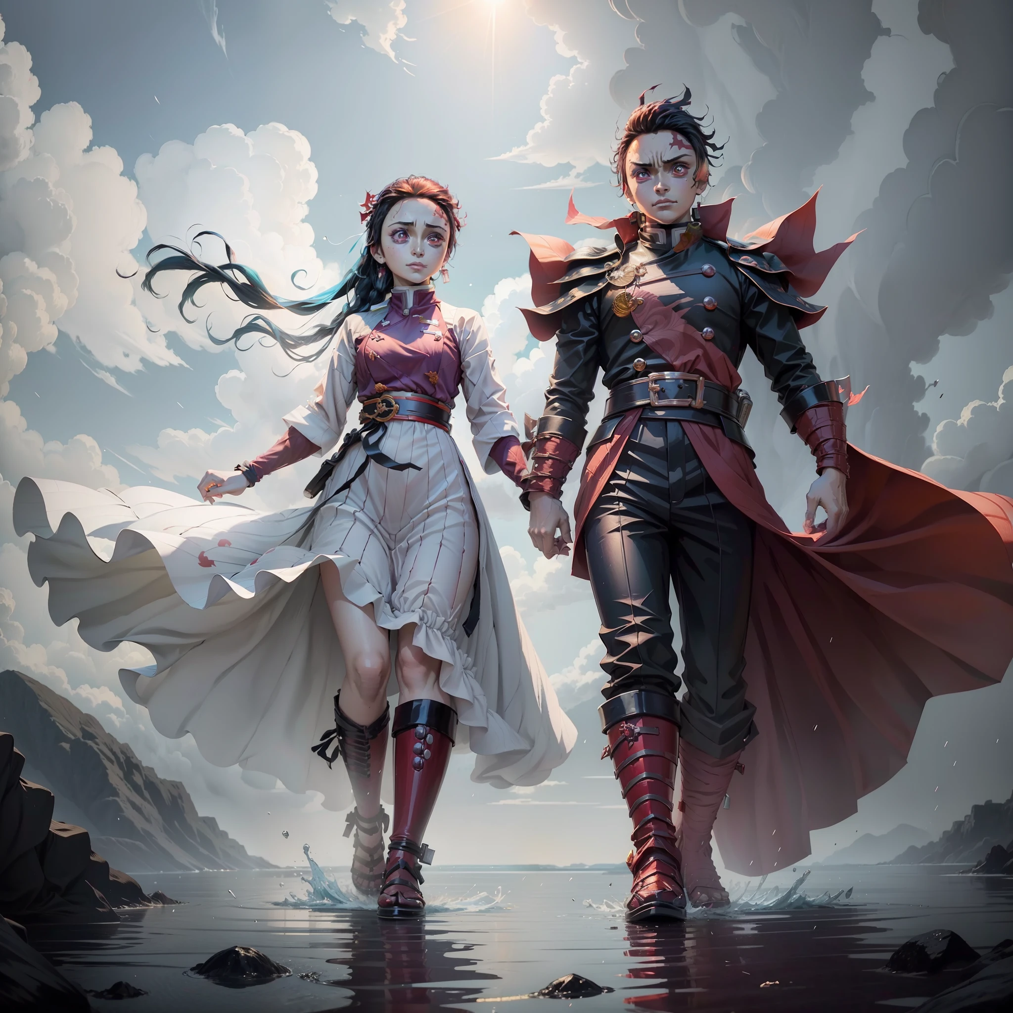 tANJIRO kAMADO E NEZUKO KAMADO DE KIMETSU NO YAIBA, cidade em chamas, water, Chuva, SWORD, SUN BREATHING, WARM COLORS, SUNSET, DEMON SLAYER