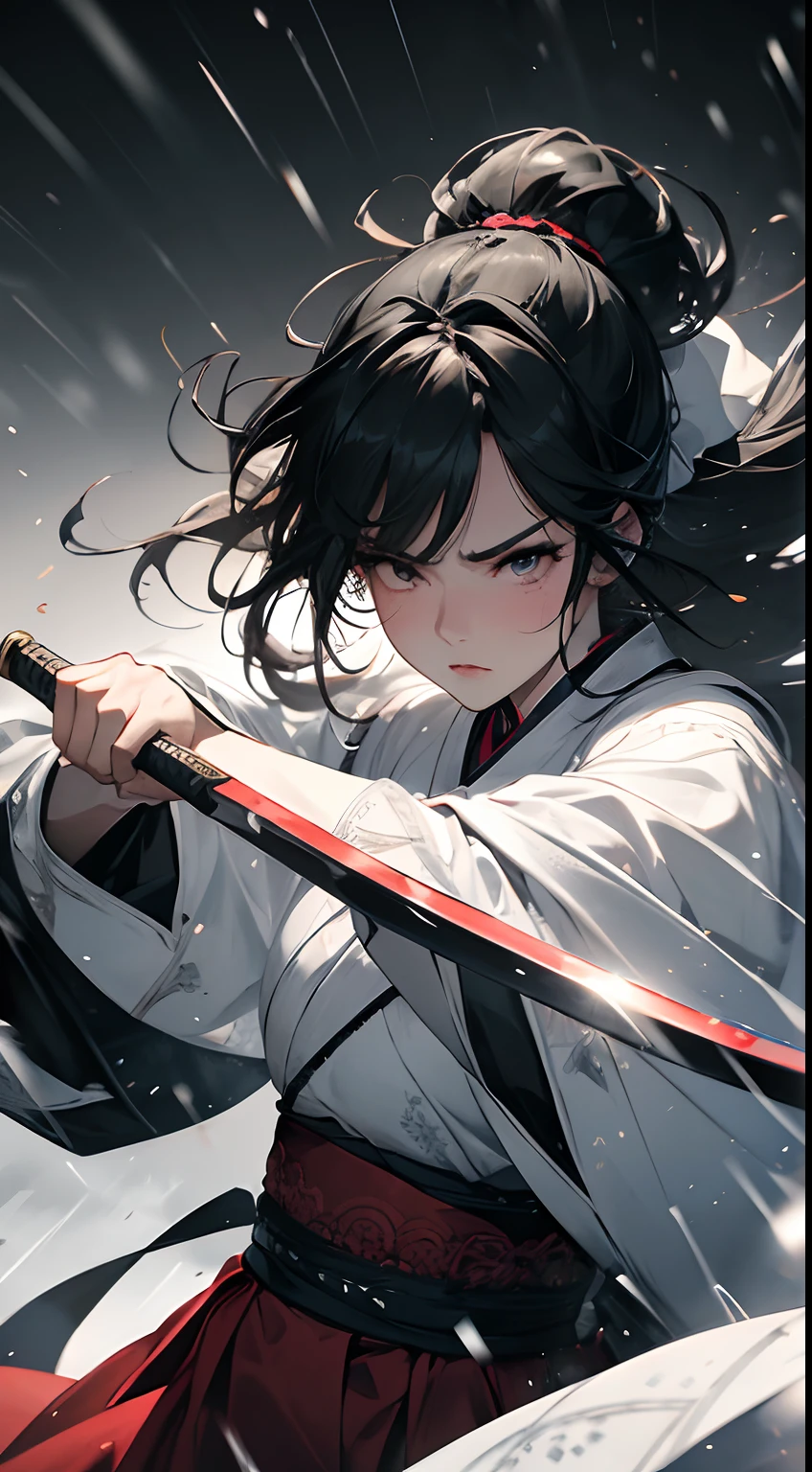 A woman holds a large knife,The knife is right in sight,Gorgeous light gauze Hanfu,Angry expressions,Separate bangs,Raise an eyebrow,Ponytail hairstyle,heavy snowy,fightingpose,dynamic blur,Detailed representation,8K