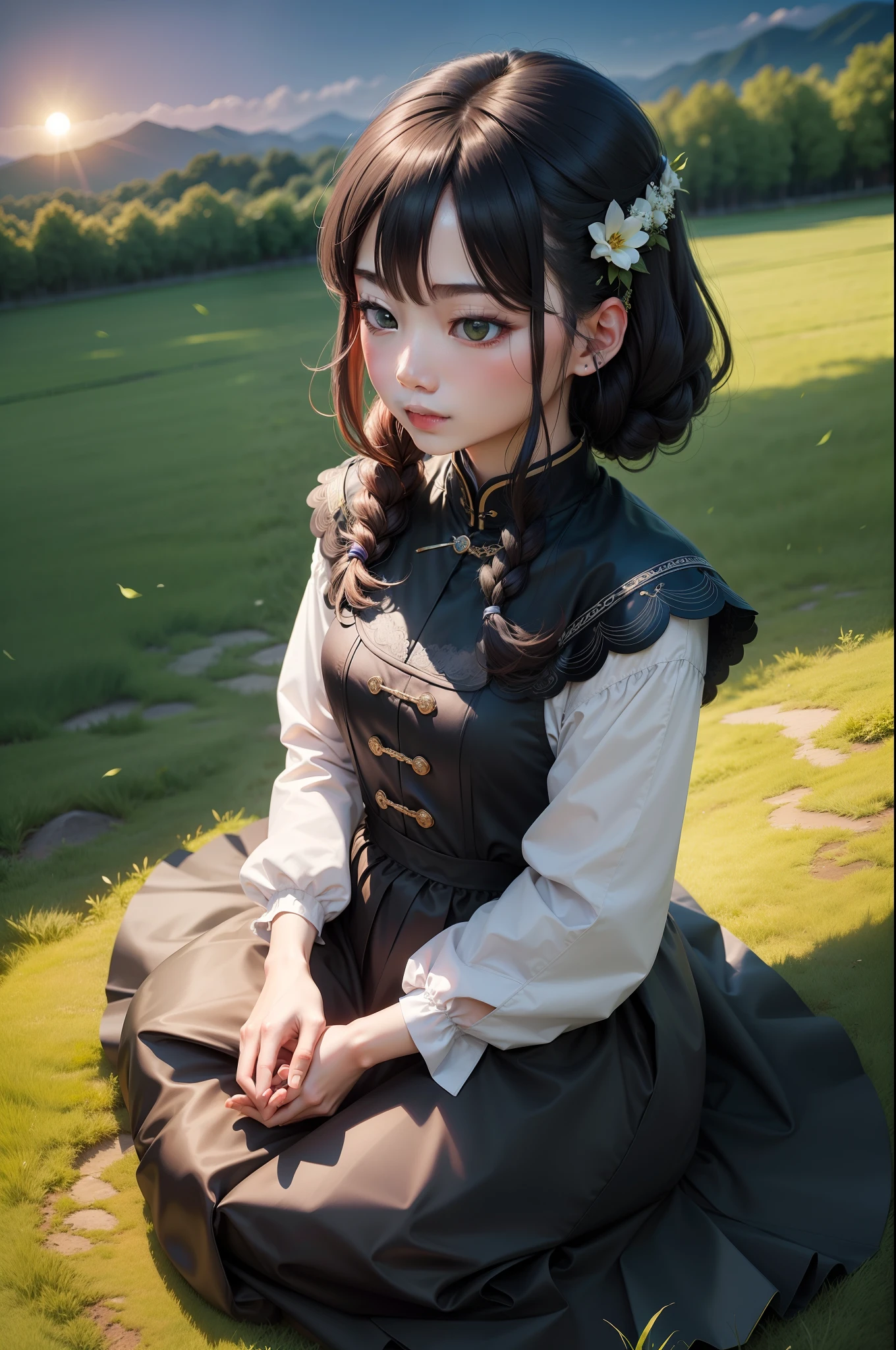 Best quality at best，tmasterpiece，超高分辨率，Skysky，Green grass，evening breeze，themoon，Kizi，glomy