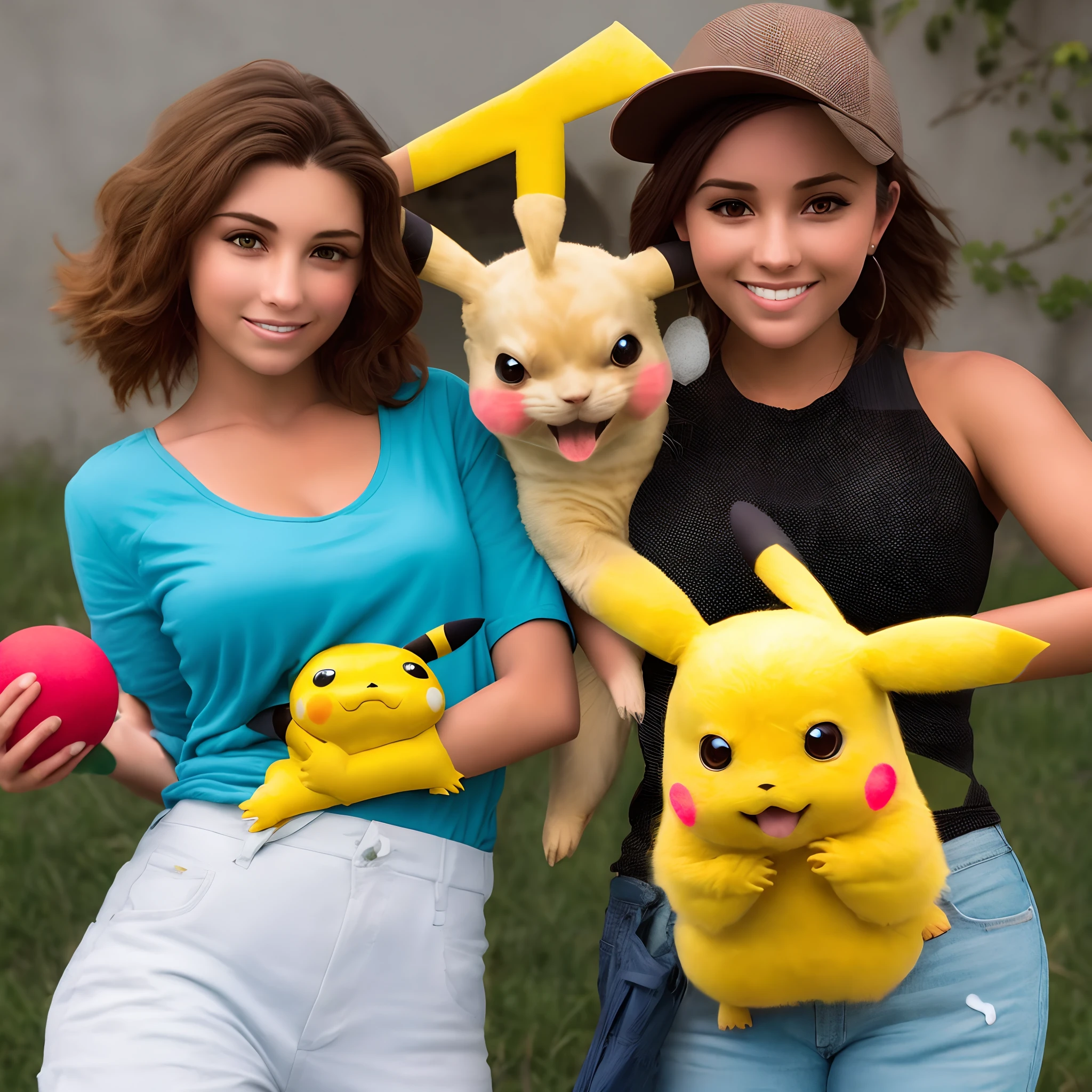 Female with brown eyes and a Pikachu next to her holding a Poké ball
