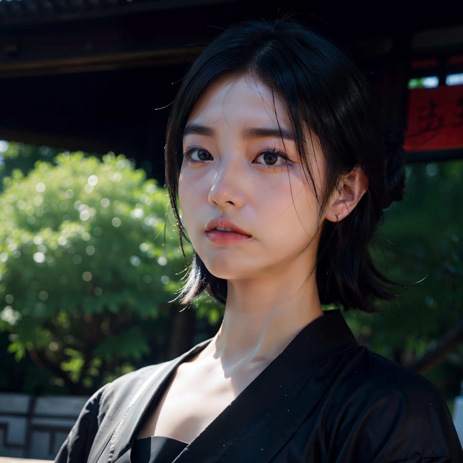 ((top-quality))、((masterpiece))、(ighly detailed:1.3)、HDR(HighDynamicRange)、Ray traching、nvidia RTX、Hyper-Resolution、Unreal 5、sub-surface Scattering、PBR Textures、post processed、Anisotropy Filtering、depth of fields、Maximum sharpness and sharpness、 multi-layer texture、Albedo and specular mapping、Surface Shading、Accurate simulation of light-material interactions、Perfect Ratios、octane renderings、Duotone lighting、Low ISO、White Balance、thirds rule、Large aperture、8K RAW、high efficiency sub-pixel、sub-pixel convolution、Luminescent particles、light scattering、Tindall Effect、one beautiful women、Sad face、Beautiful facial features、Eyes are double、Worship at a temple in Japan、Bright sunshine、Black kimono、Scenery with a Japanese atmosphere、temple、Large Buddha statue、Thin eyebrows、