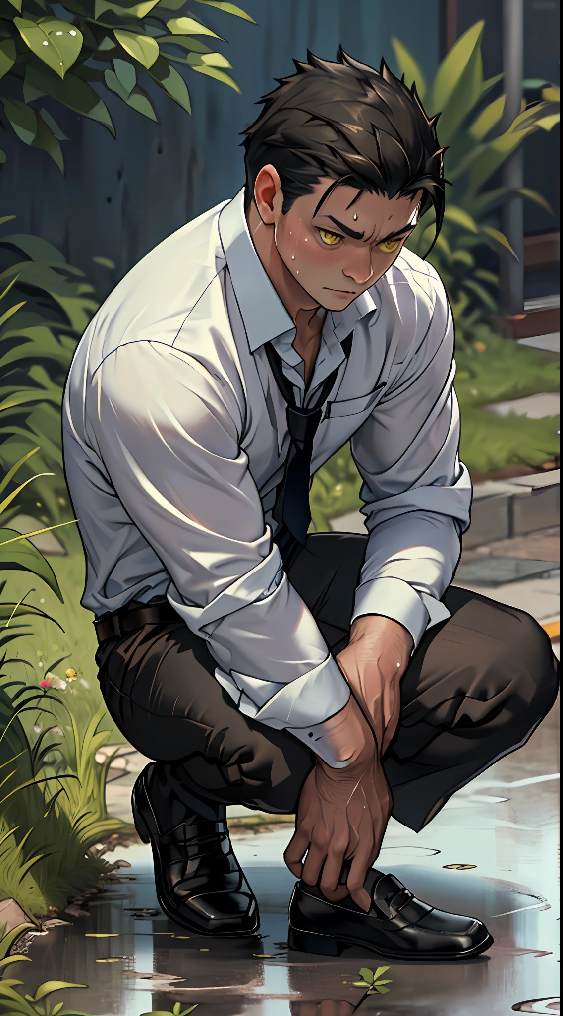 A3R1, Hector Fey ,Multi-view upper body, Suit pants view,legs separated,A3R1,pissing,Pee yourself,His own urine ran down his thighs,perfect male figure, Aerith Gainsborough ,Put your hands in your trouser pockets,Pee from his legs,yellow eyes,,Half squat,legs separated,sit astride,Wear a tie,wearing leather belt,Long Sleeve White Shirt,(The shirt is soaked),Black hair short hair,perspire,Black suit trousers,dress shoes,Nervously bow your head,is shy,embarressed,is shocked,panicking,worry,exteriors,On dry ground, A small puddle of his own urine formed around his feet,Half squat,Very eager to pee,Sweat flowing from the crotch,Wet yourself,Urine discharge,high detal,hentail realism,ultra-realistic realism,three sided view, A masterpiece of careful planning,A high resolution, hyper HD ,anatomy correct,super detailing,best qualtiy,A high resolution,8K