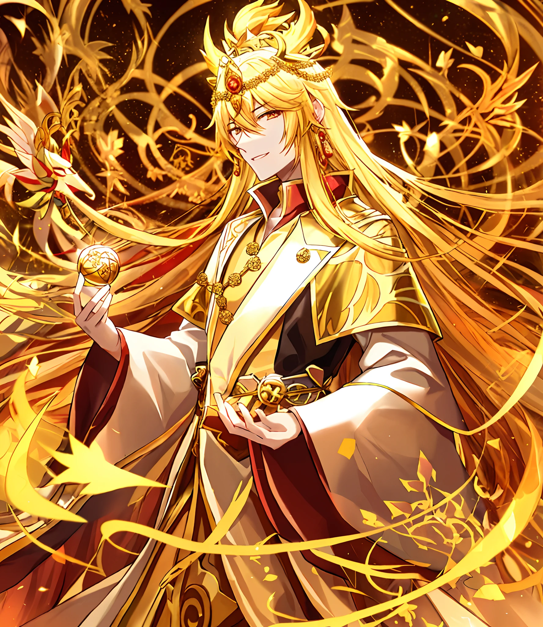 Arafard's image，A man wearing a golden crown，Yang J，G Larious Art Style，Kurose Jinyao，((Human God Emperor))，Wearing a gilded yellow robe，beautiful male god of death，,Inspired by Seki Do-sang，Inspired by Zhang Sengyao，Inspired by the Yellow God