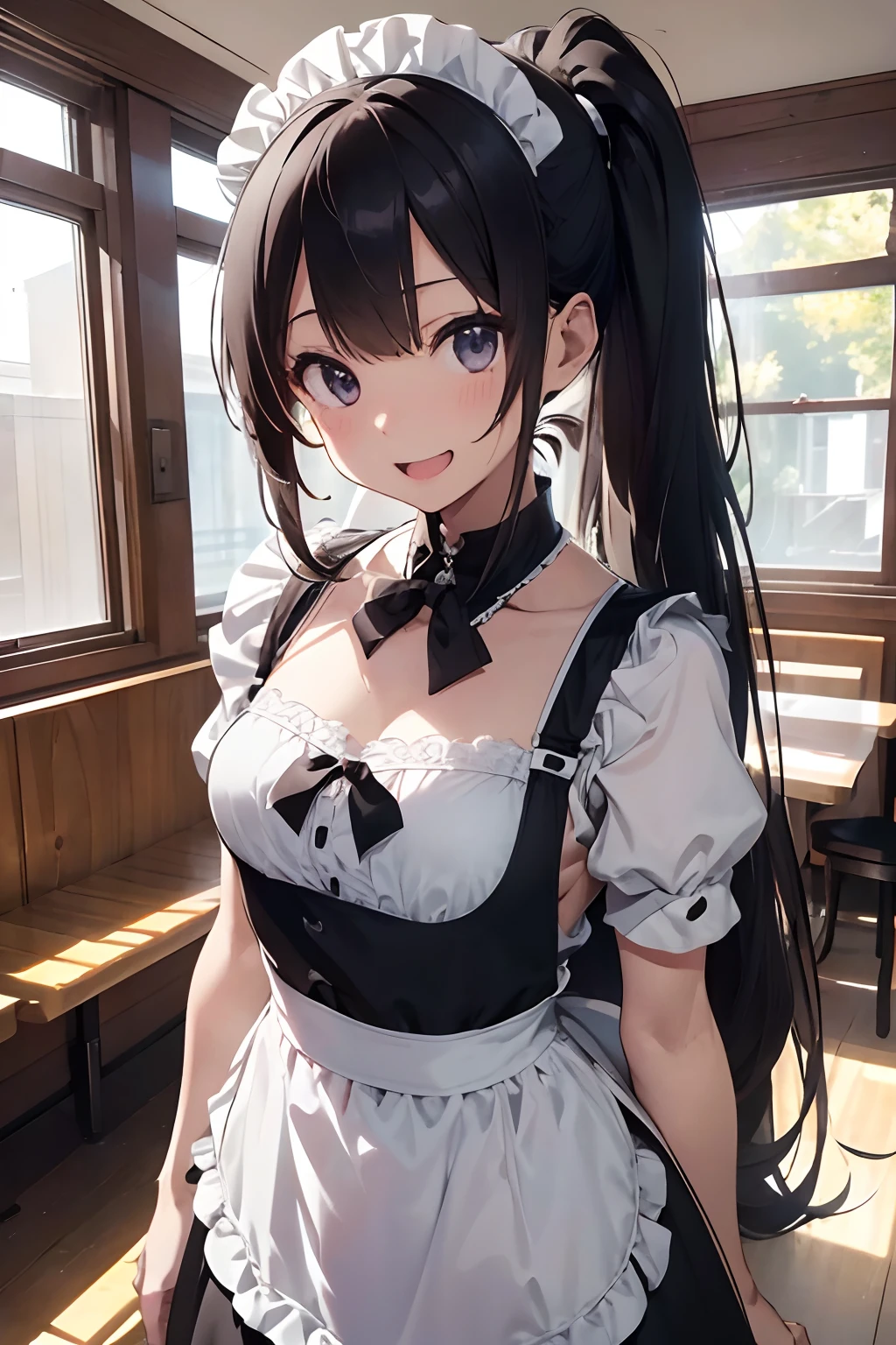 (super fine illustrations:1.2),(masutepiece, 8K), (Best quality, High quality:1.4), porate,((Super pastel)),Perfect anatomy, ultra - detailed, ultra - detailed,Masterpiece background,beautiful detailed background, V8K wallpapers,Perfect design, 1girll, Solo, (arms out,Slender, Very short sleeves,cabelos preto e longos,Extra-long hair,maid, Hefty Smile,(Bring lunch),from below, Cowboy shot:1.2), (light smile, Open mouth, 20yr old), (Bunched hair),(Extra-long high ponytail:1.3), Black eyes, (Expose the chest:1.5),(Low-cut maid outfit:1.5),Short sleeves, maid apronl, white maid apron, black lence stockings,Absolute realm,Long boots, slender girl, (coffeehouse),inside in room,