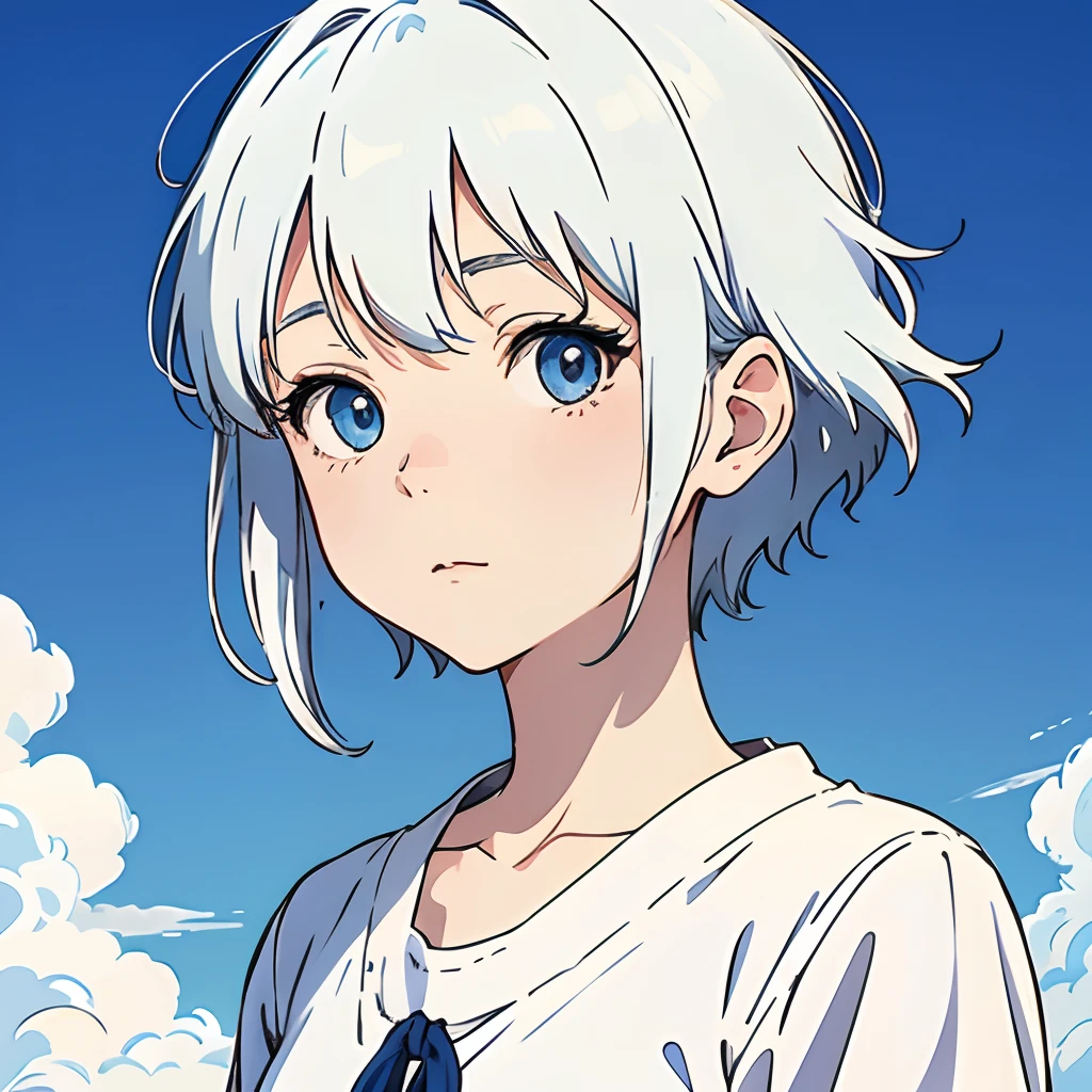 Ghibli style, Miyazaki Hayao, Blue eyes, white hair, sky background, A look at the viewer, shirt, short hair, Simple background, 独奏, upper body, portraite of a, Sweet girl