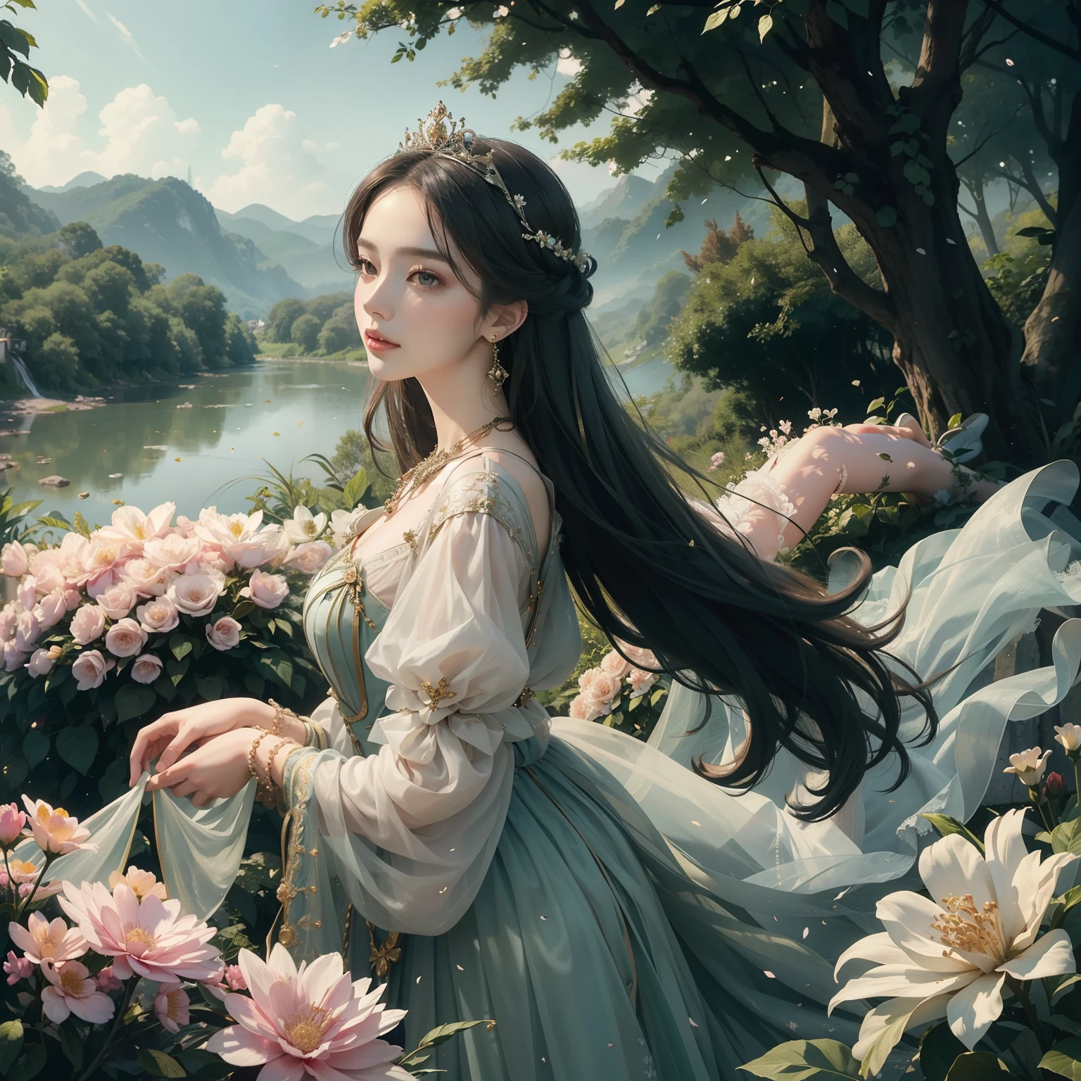 "High quality work at the level of a masterpiece,Fair skin and beautiful appearance,Elegant long legs,Dressed in aristocratic attire,Pair it with beautiful jewelry,Tulle light fabric,Blooming flowers,It is surrounded by lush green trees,Attractive fruits and stunning landscapes。”