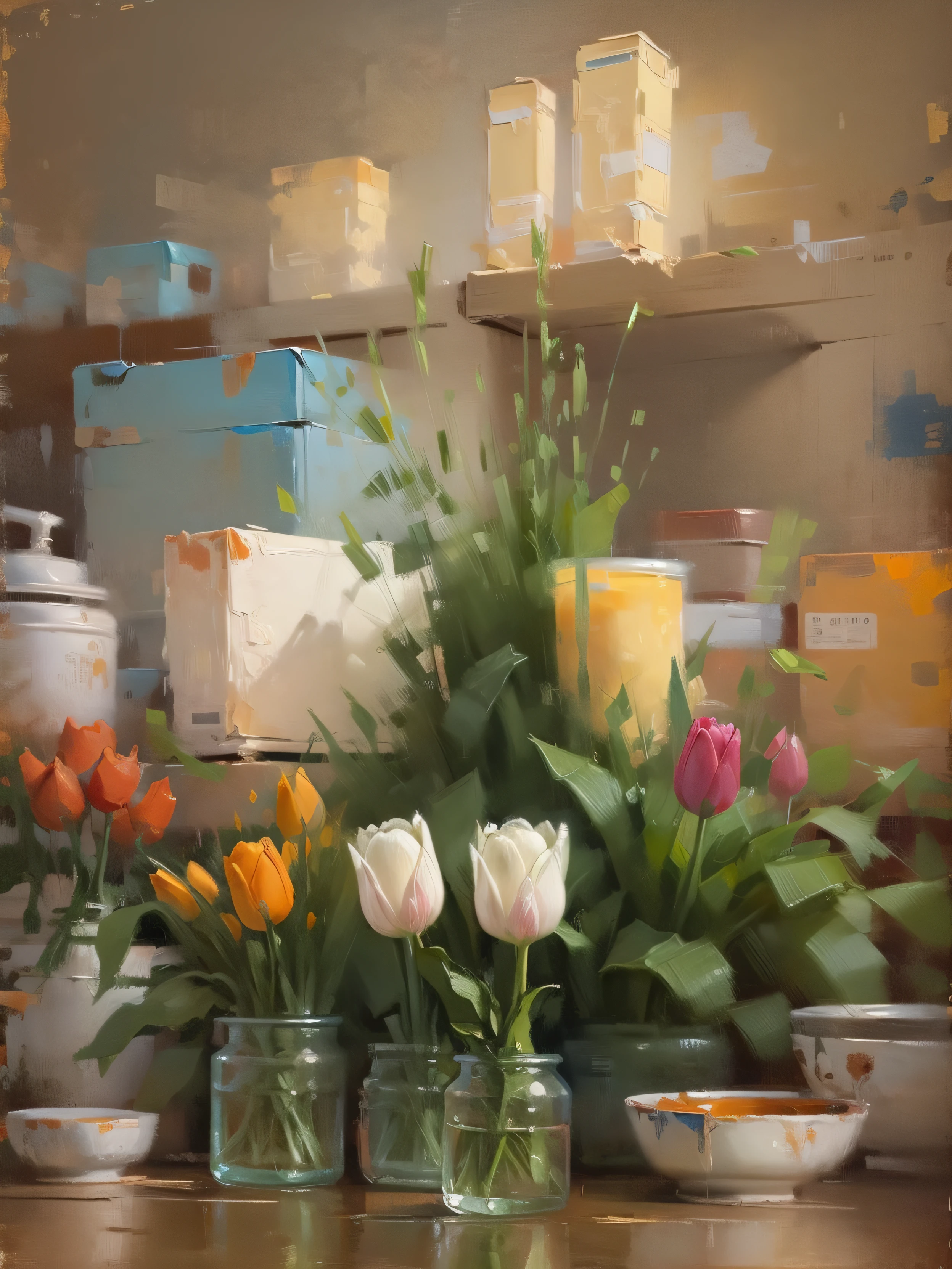 Master oil painting,Still life oil painting,tulips,Clear brush texture,A masterpiece of extraordinary masters,Ultra-clear,8K