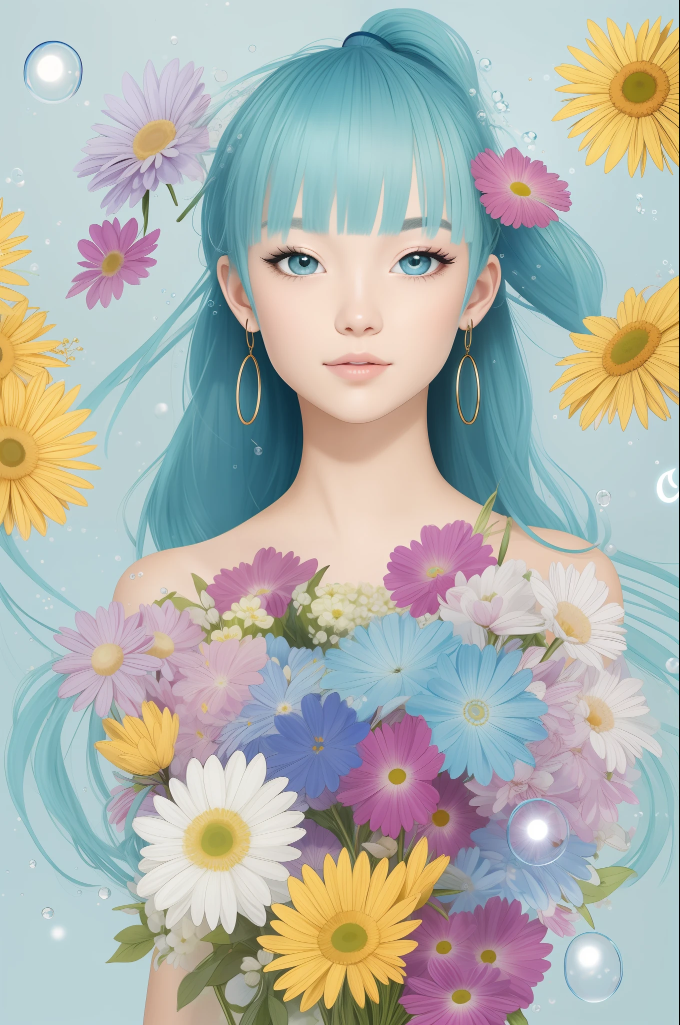 (masterpiece), (best quality), (ultra detailed),(disheveled hair),(illustration), (1girl), (Fashionable clothing), standing, Fashion model, looking at viewer, (interview), (simple background),beautiful detailed eyes, delicate beautiful face, Floating,(high saturation),(colorful splashes),colorful bubble,(shining), focus on face,  ponytail, kamisato ayaka, light blue hair, bangs, hair ring, floating flowers, floating hairs, (shining), best lighting, best shadow,