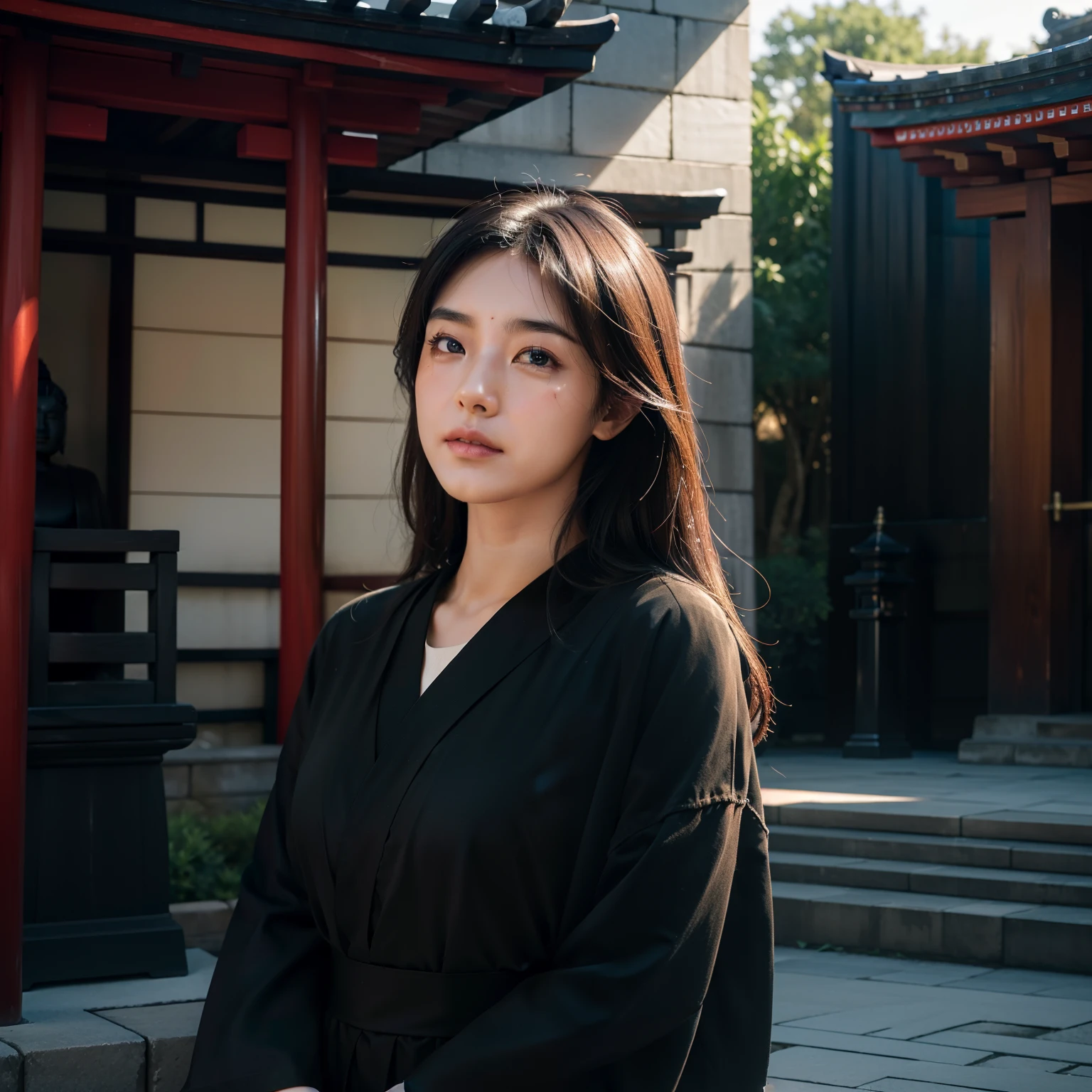 ((top-quality))、((masterpiece))、(ighly detailed:1.3)、HDR(HighDynamicRange)、Ray traching、nvidia RTX、Hyper-Resolution、Unreal 5、sub-surface Scattering、PBR Textures、post processed、Anisotropy Filtering、depth of fields、Maximum sharpness and sharpness、 multi-layer texture、Albedo and specular mapping、Surface Shading、Accurate simulation of light-material interactions、Perfect Ratios、octane renderings、Duotone lighting、Low ISO、White Balance、thirds rule、Large aperture、8K RAW、high efficiency sub-pixel、sub-pixel convolution、Luminescent particles、light scattering、Tindall Effect、one beautiful women、Sad face、Crying face、Beautiful facial features、Eyes are double、Worship at a temple in Japan、Bright sunshine、Mourning、Black clothe、Scenery with a Japanese atmosphere、temple、Large Buddha statue、Thin eyebrows、
