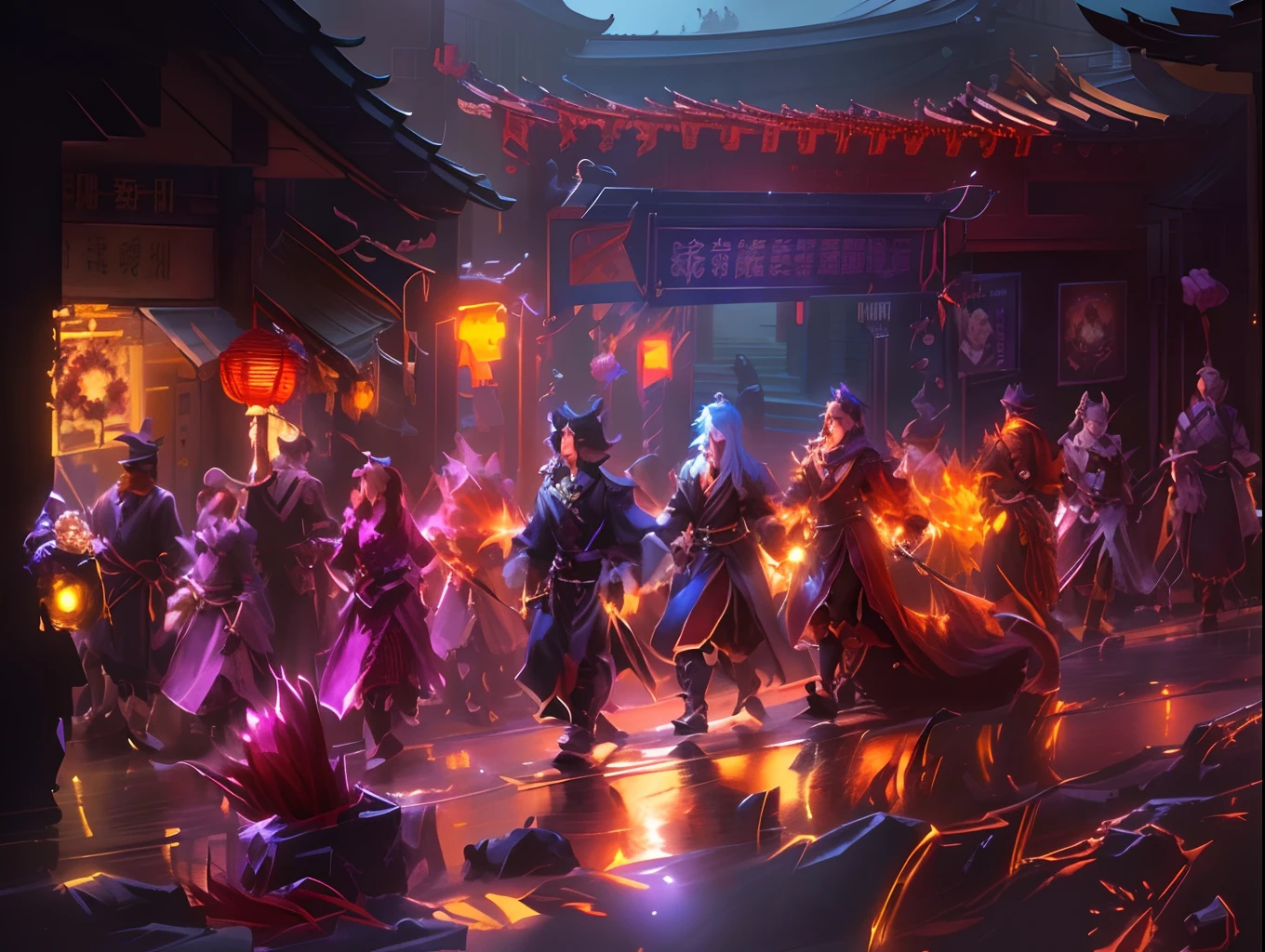 Anime scene of a group of people walking down the street, Rosla global lighting, andreas rocha style, by Ni Yuanlu, Feng Zhu concept art, Riot game concept art, chinese three kingdoms, dan munford. Maya rendering, dan munford. concept-art, by Yang J, author：Liang Kai, chengwei pan on artstation