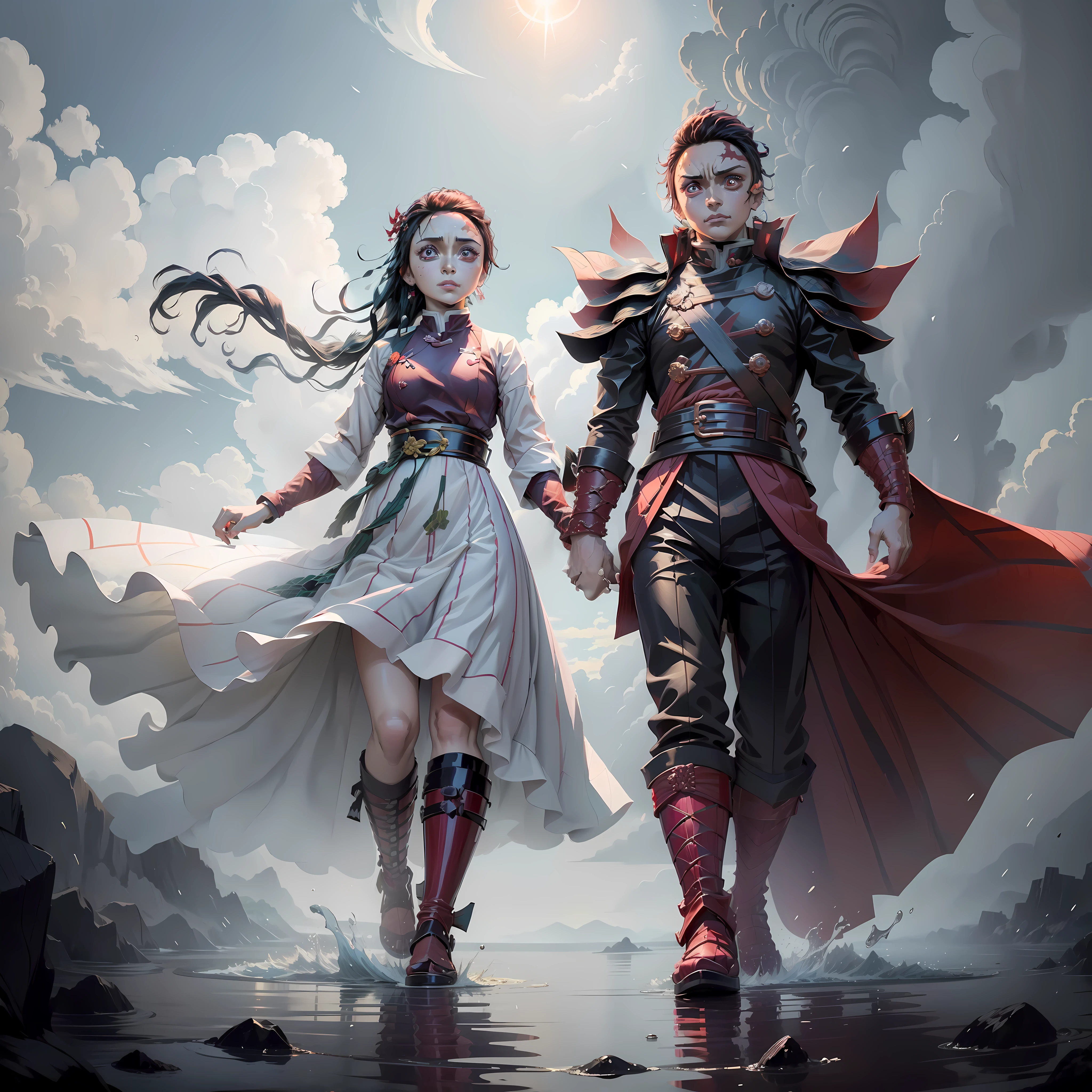 tANJIRO kAMADO E NEZUKO KAMADO DE KIMETSU NO YAIBA,  cidade em chamas, water, Chuva, SWORD, SUN BREATHING, WARM COLORS, SUNSET, DEMON SLAYER