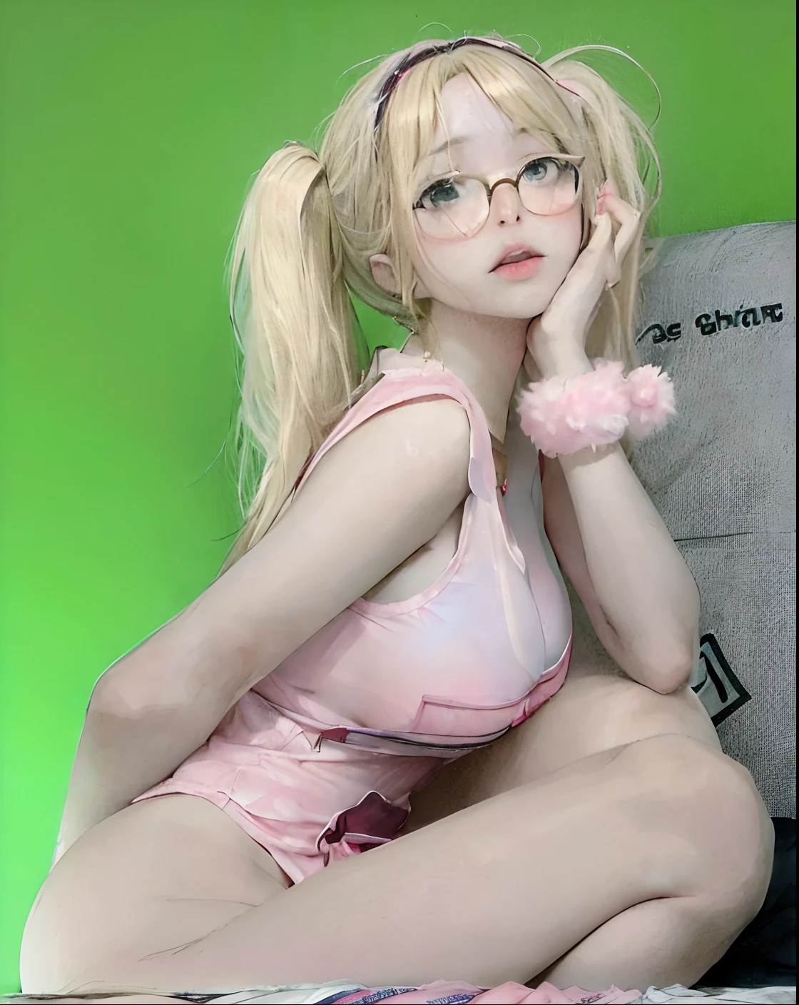 blond woman with glasses and pink top sitting on a bed, belle delphine, lalisa manobal, sakimichan, anime girl cosplay, ultrarealistic sweet bunny girl, korean girl, ig model | artgerm, ulzzang, pink body, heonhwa choe, very beautiful cute catgirl, roseanne park of blackpink