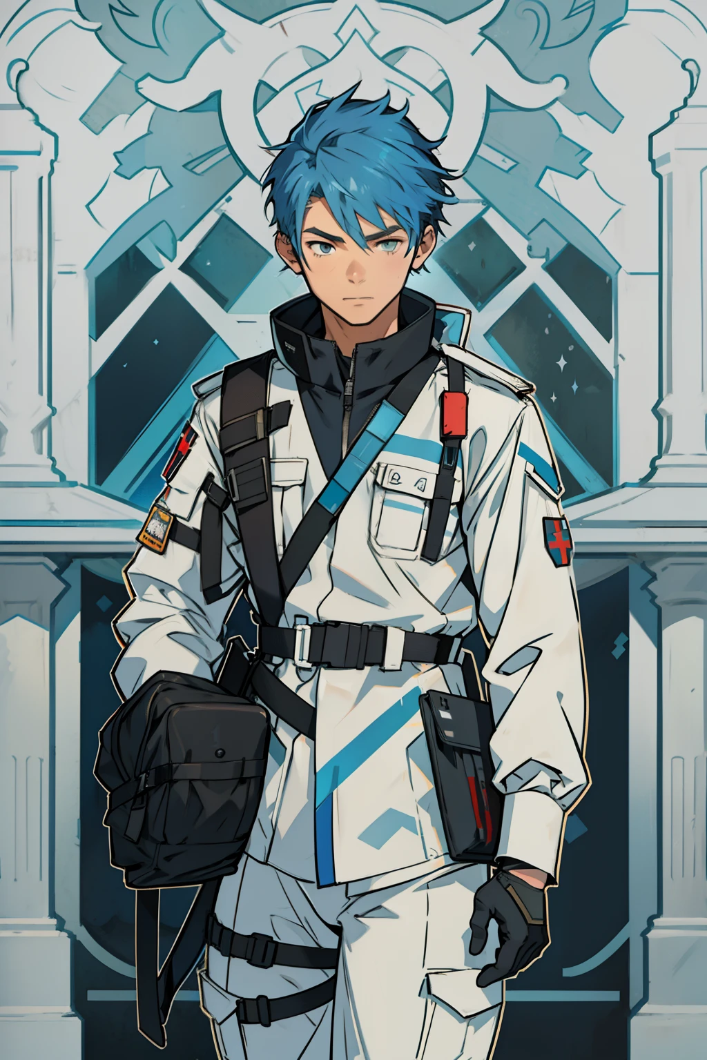 Young male combat medic with shoulder-length blue hair, wearing combat rig, wearing tactical outfit, holding a medkit