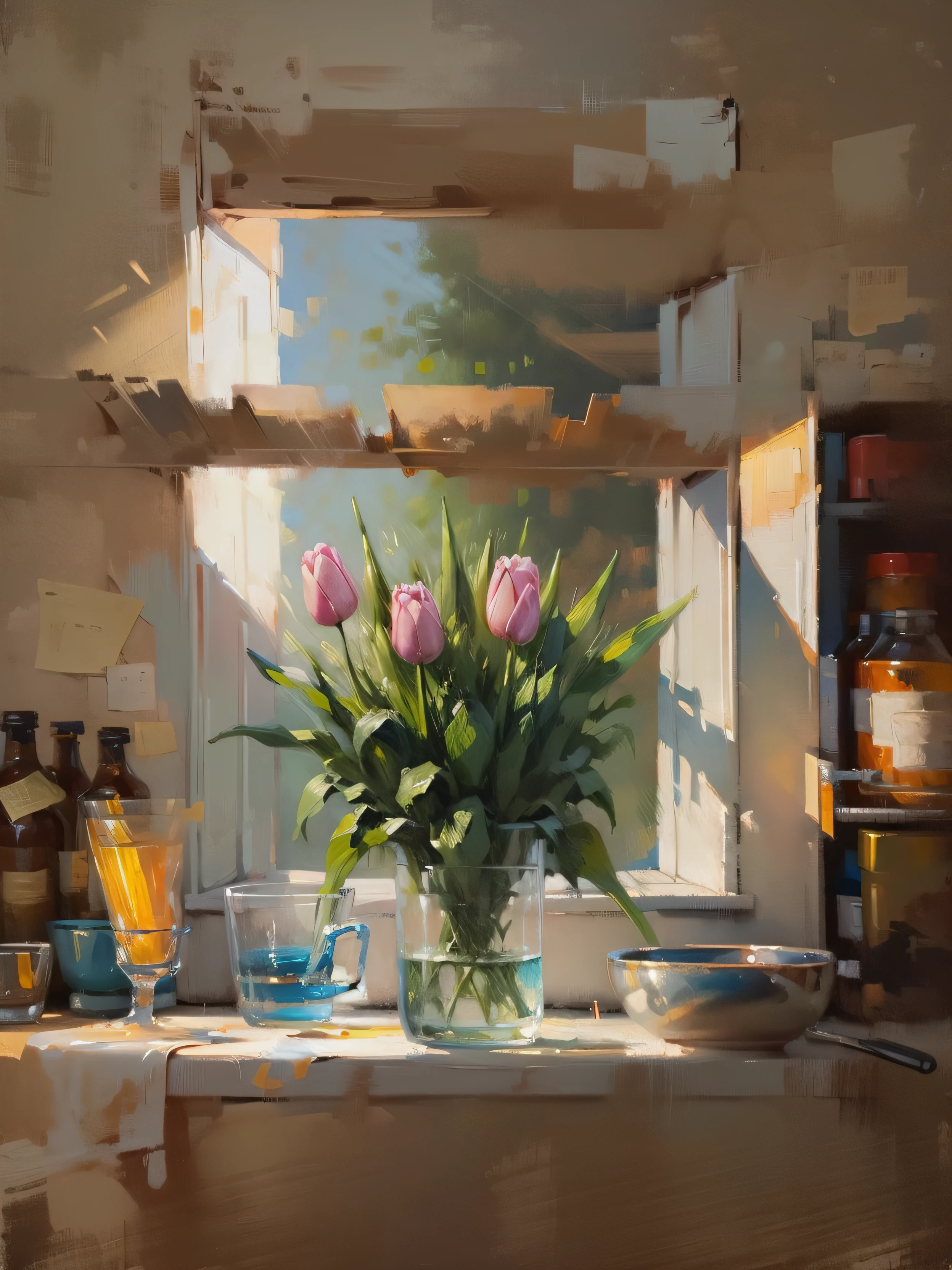 Master oil painting,Still life oil painting,tulips,Clear brush texture,A masterpiece of extraordinary masters,Ultra-clear,8K
