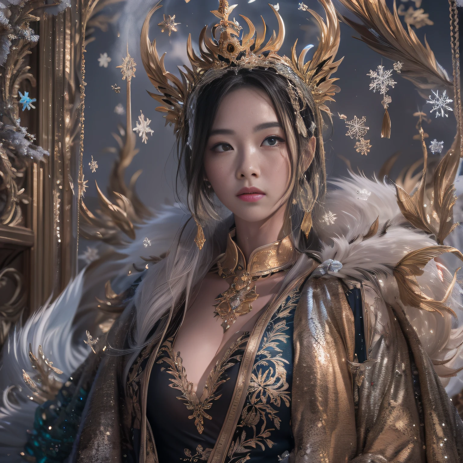 16k(tmasterpiece,k hd,hyper HD,16k)short detailed hair,Gold jewelry area in the back room,Smoke ring girl ,Bronze Dragon Protector (realisticlying:1.4),Python pattern robe,Purple-pink tiara,Snowflakes fluttering,The background is pure,Hold your head high,Be proud,The nostrils look at people, A high resolution, the detail, RAW photogr, Sharp Re, Nikon D850 Film Stock Photo by Jefferies Lee 4 Kodak Portra 400 Camera F1.6 shots, Rich colors, ultra-realistic vivid textures, Dramatic lighting, Unreal Engine Art Station Trend, cinestir 800,Hold your head high,Be proud,The nostrils look at people