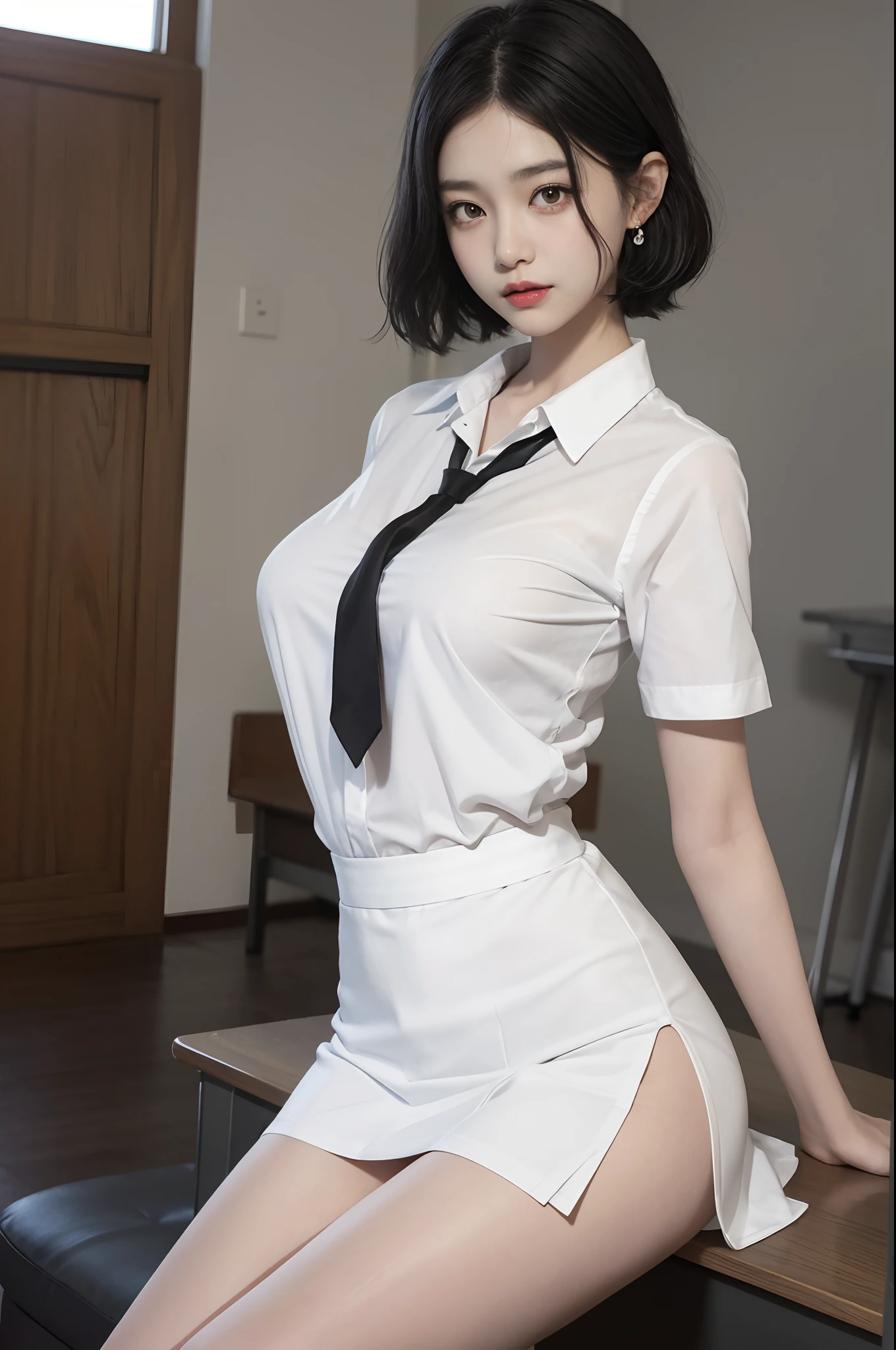 Korean school uniform，Summer uniform shirt，Ribbon Ties，White miniskirt，School Classroom，school stairs，Chest thrust pose，（the breasts are large），8K raw photos，A high resolution，cool Korean ，very large round breasts，beautiful eyes in detail，long eyelasher，beautiful double eyelid，eye shadows，eyes liner，Cut Eyes，Elongated eye shape，Sanpaku eyes，evilsmile，Evil expression， Beautiful very thin legs，Beautiful very thin thighs，Random short hair，Hair tied behind the head，large circle earrings，（Short messy hair），With gray eyes（with black curled hair）（Close-up），（Wrapped feeling）