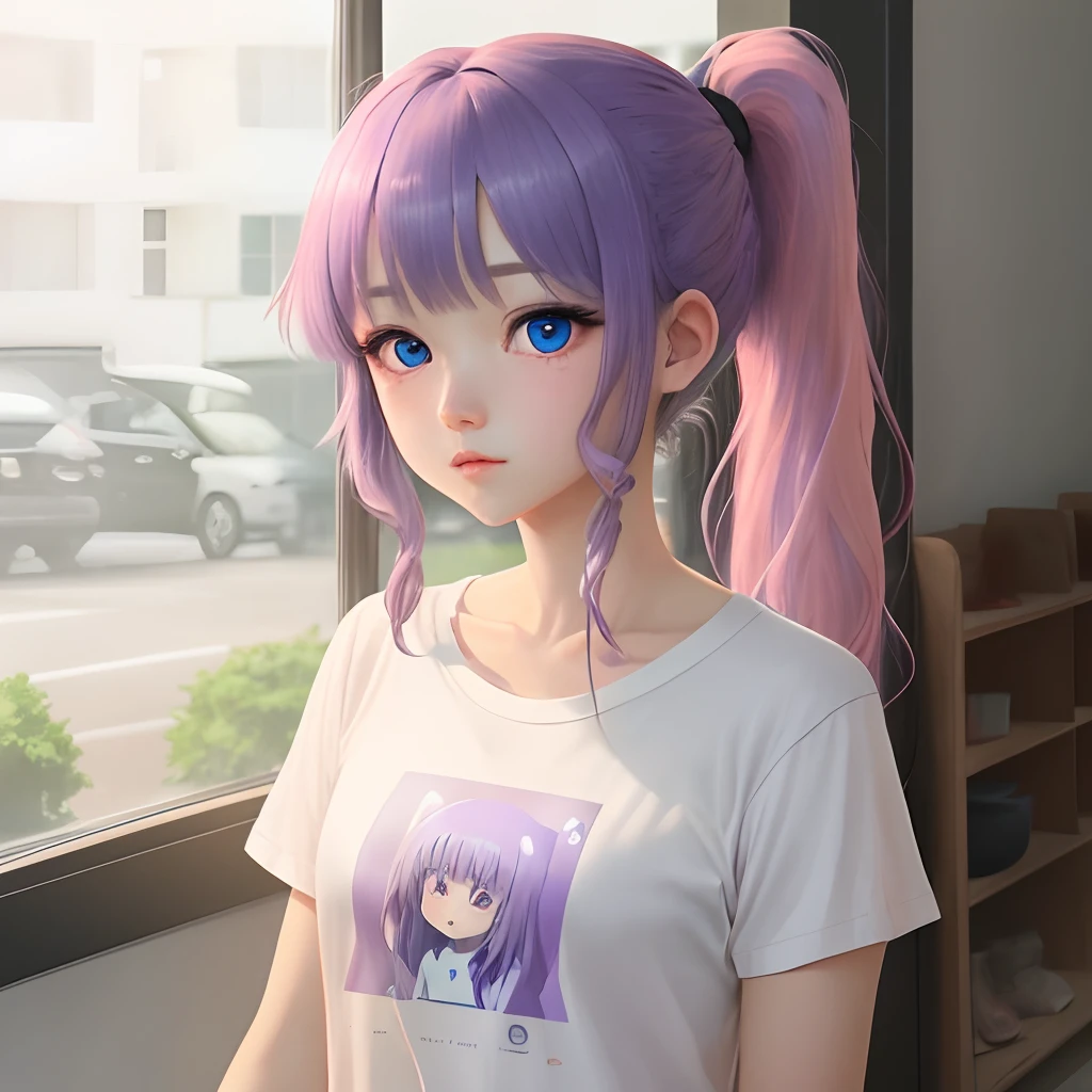 anime girl with purple hair,Collected in a ponytail,a long strand of bangs on the right side. blue bright eyes. Translucent T-shirt,Under Wotora white T-shirt. Dark pink skirt.
