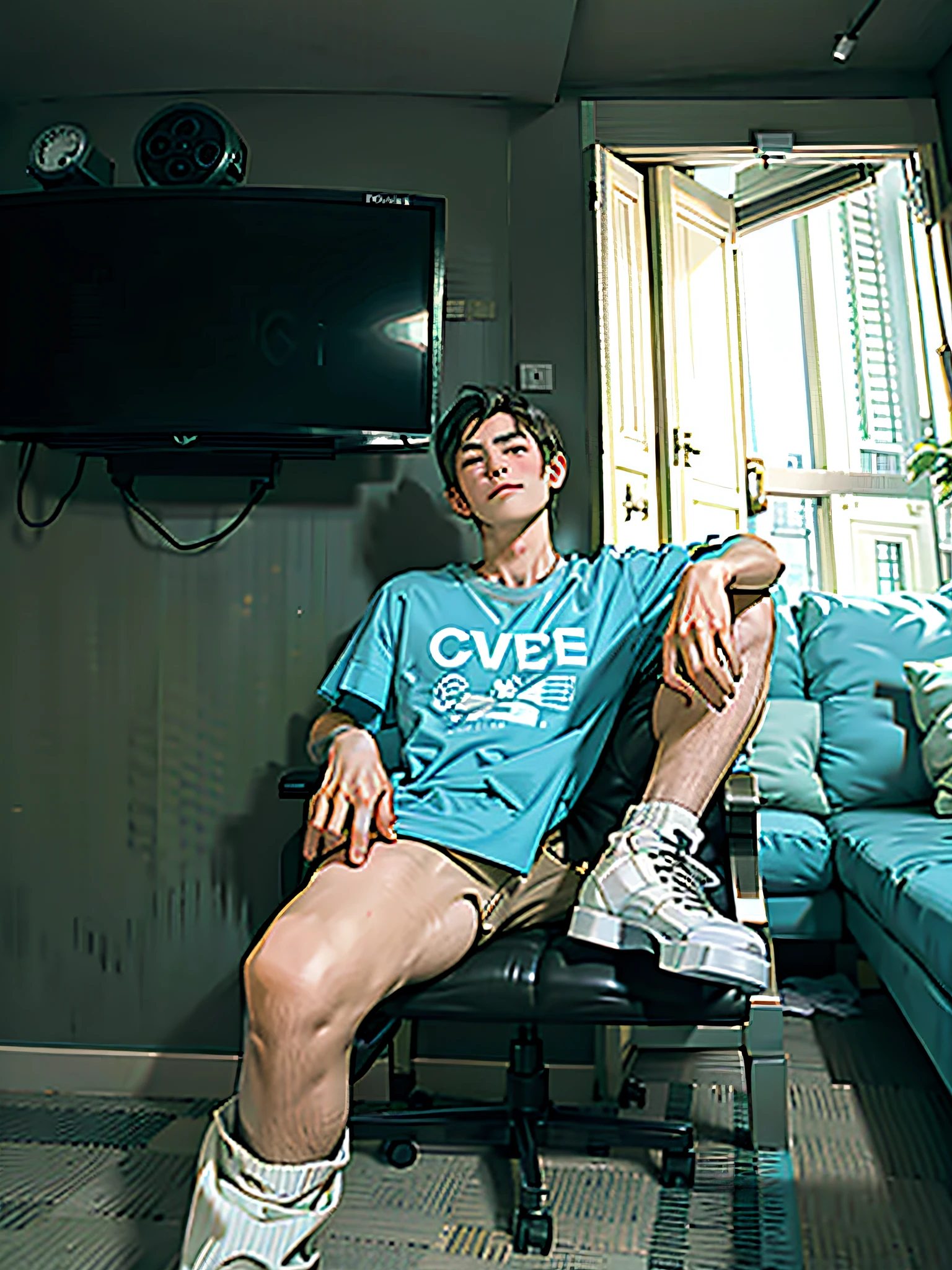 There was a man sitting in a chair in a room with a TV, satisfied pose, sit on a bed, taken with canon 8 0 d, Sitting on the bed, portrait shot 8 k, relaxed poses, sitting in bedroom, sitting relax and happy, sitting on the edge of the bed, young man with short, sitting in the couch, chilled out smirk on face