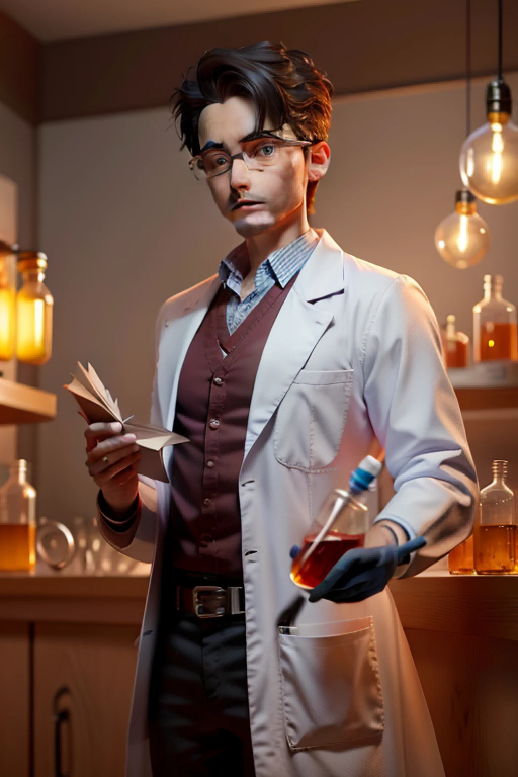 ember,physicist,young handsome,Around 30 years old,highr,wears glasses,Laboratory vials in hand,Wear a lab coat