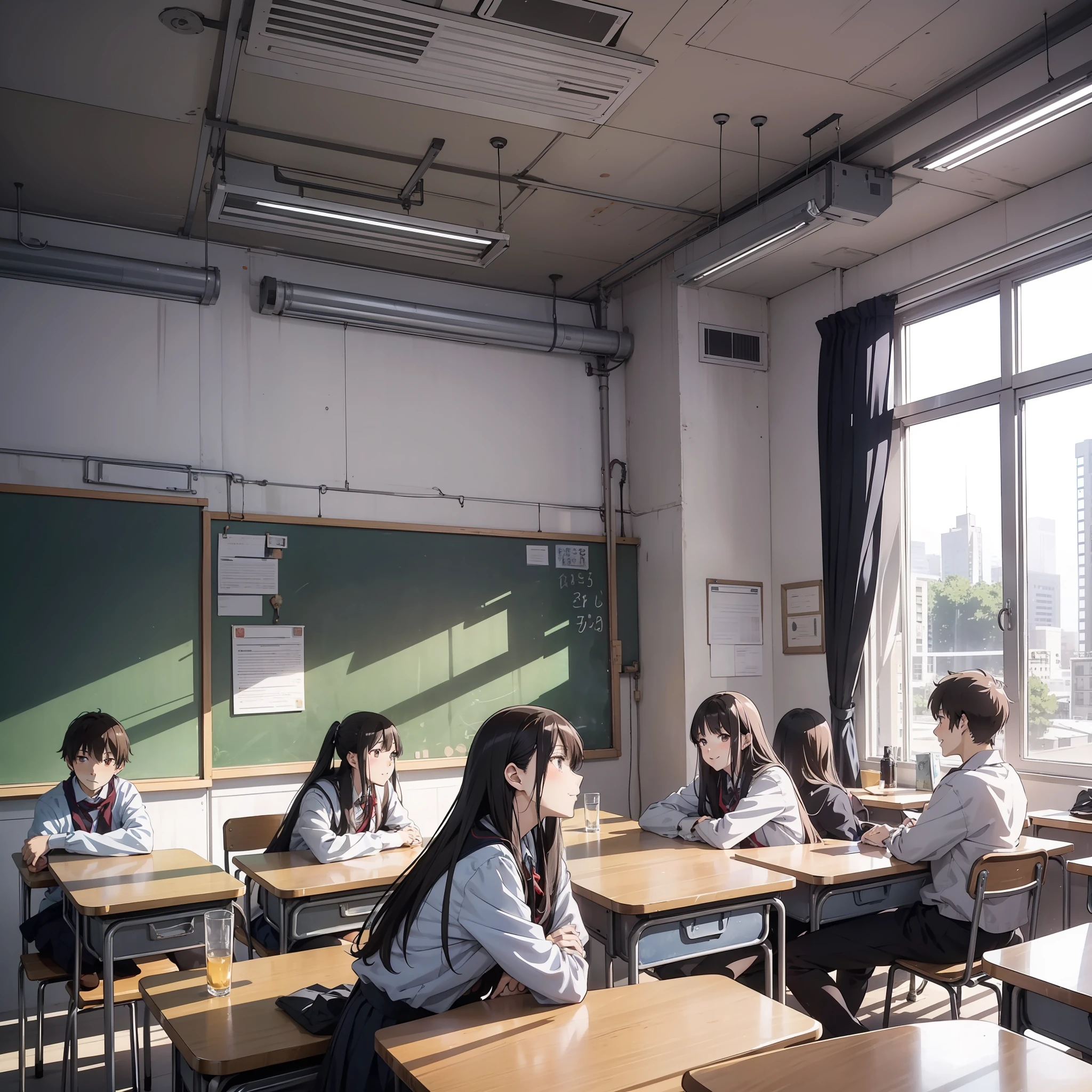 A group of students are sitting in a classroom learning,A group of 1.5(A sea of people 1.5)(smile1.5)(The background is School Classroom 1.5)style of anime4 K,Anime rendering,style of anime。8K,Handsome anime face(Upper body display 1.8)(Cinematic lighting 1.5)(Master masterpieces:1.4)(Ultra-high detail1.5)(Best quality1.5