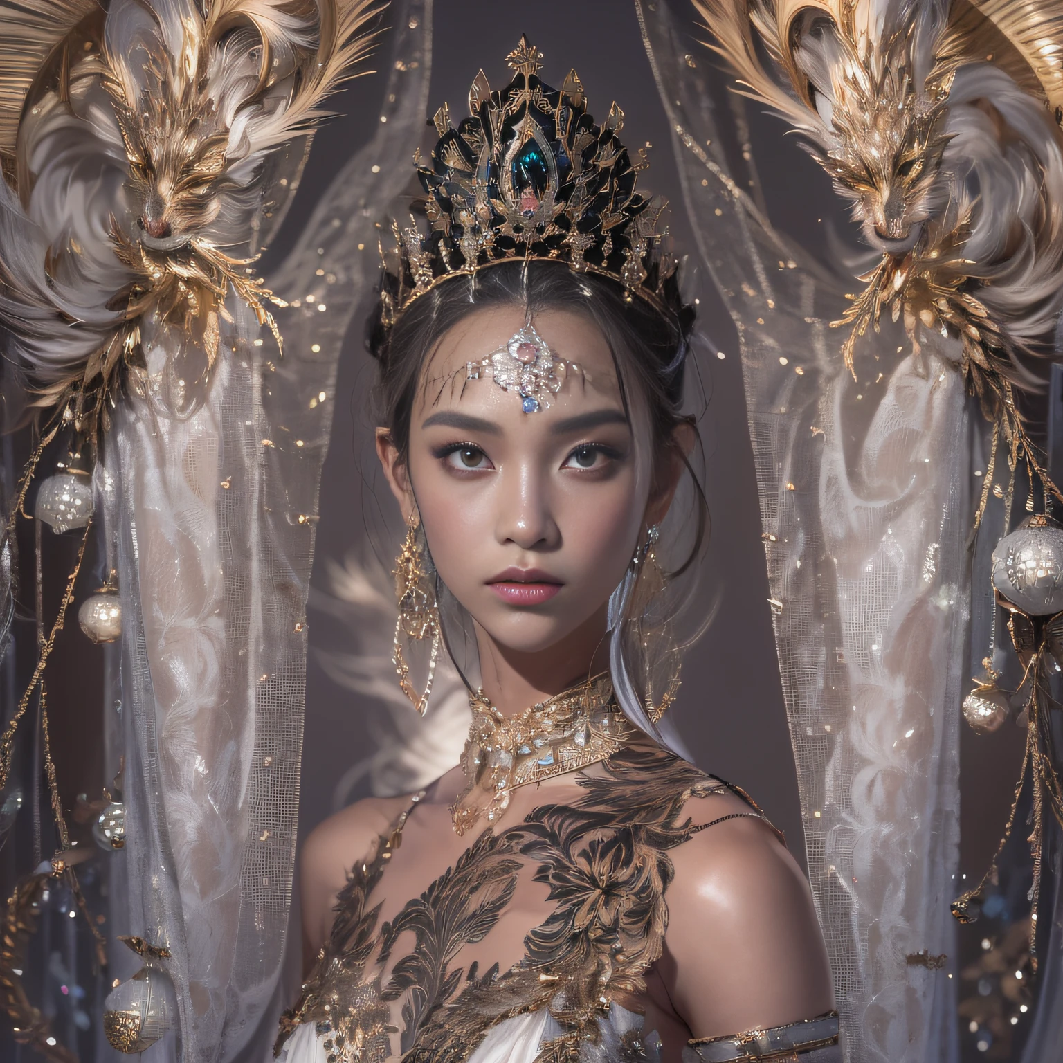 16k(tmasterpiece,k hd,hyper HD,16k)short detailed hair,Gold jewelry area in the back room,Smoke ring girl ,Bronze Dragon Protector (realisticlying:1.4),Python pattern robe,Purple-pink tiara,Snowflakes fluttering,The background is pure,Hold your head high,Be proud,The nostrils look at people, A high resolution, the detail, RAW photogr, Sharp Re, Nikon D850 Film Stock Photo by Jefferies Lee 4 Kodak Portra 400 Camera F1.6 shots, Rich colors, ultra-realistic vivid textures, Dramatic lighting, Unreal Engine Art Station Trend, cinestir 800,Hold your head high,Be proud,The nostrils look at people