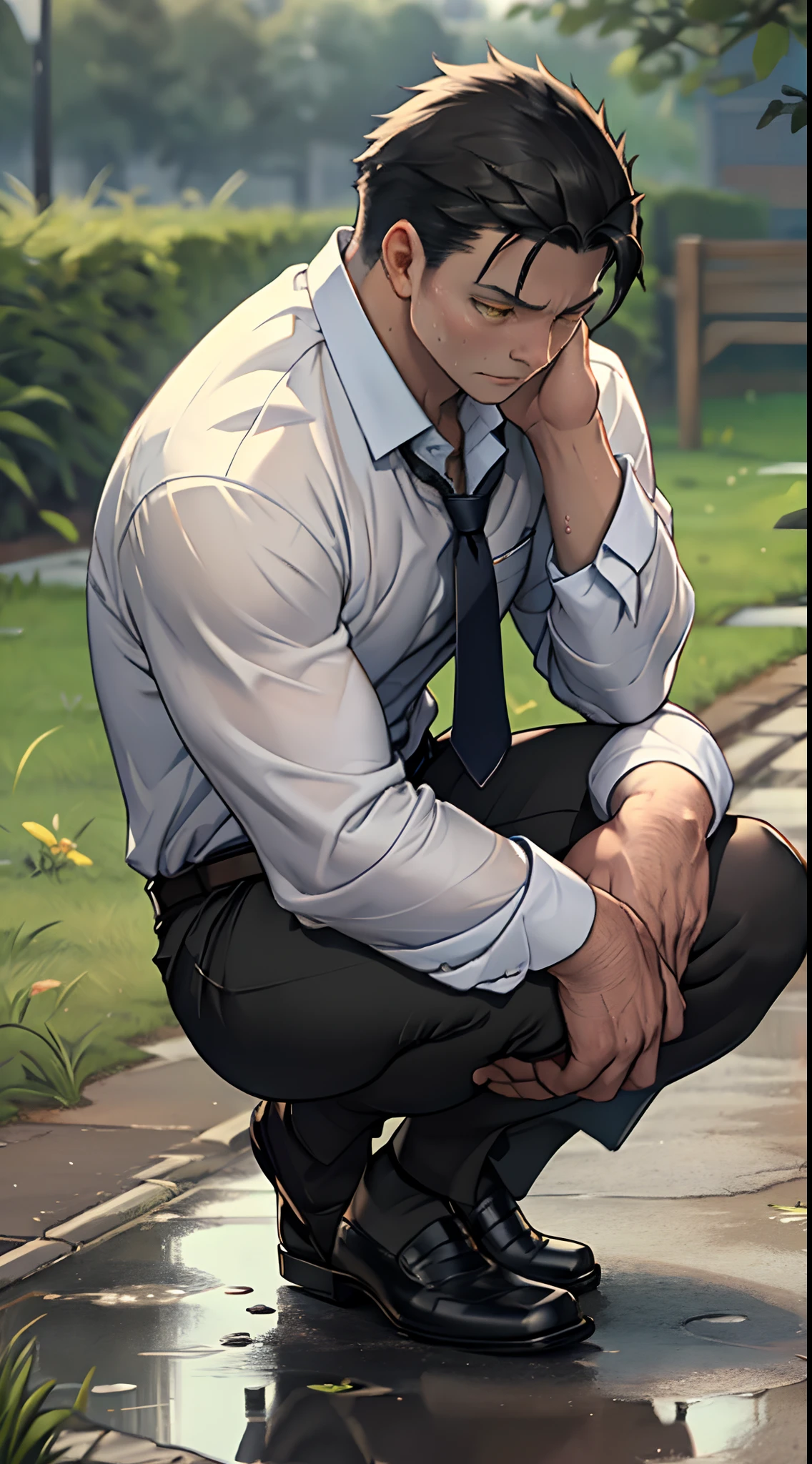 A3R1, Hector Fey ，Multi-view upper body，  Suit pants view，legs separated，A3R1,pissing，Pee yourself，His own urine ran down his thighs，perfect male figure， Aerith Gainsborough ,Put your hands in your trouser pockets，Pee from his legs，yellow eyes，kneels on the ground，Half squat，legs separated，sit astride，Wear a tie，wearing leather belt，Long Sleeve White Shirt，（The shirt is soaked），Black hair short hair，perspire，Black suit trousers，dress shoes，Nervously bow your head，is shy，embarressed，exhilarated，is shocked，panicking，worry，exteriors，On dry ground，     A small puddle of his own urine formed around his feet，Half squat，Very eager to pee，It's unbearable，Sweat runs from the crotch，Wet yourself，Squatting to urinate，high detal，hentail realism，ultra-realistic realism，three sided view， A masterpiece of careful planning，A high resolution， hyper HD ，anatomy correct，super detailing，best qualtiy，A high resolution，8K