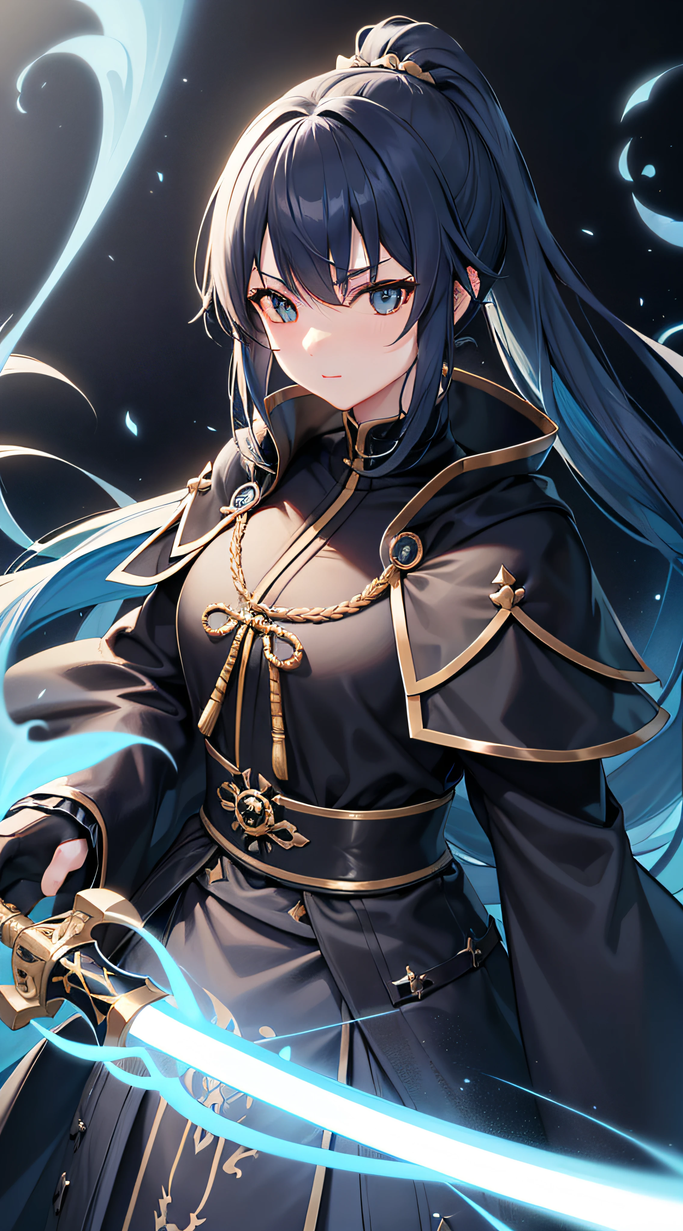 high qulity，ultra - detailed，Detailed kendo saints，High ponytail，Blue and yellow hair，a black cloak，Holding a black sword，Wear a black cloak，UHD，tmasterpiece。