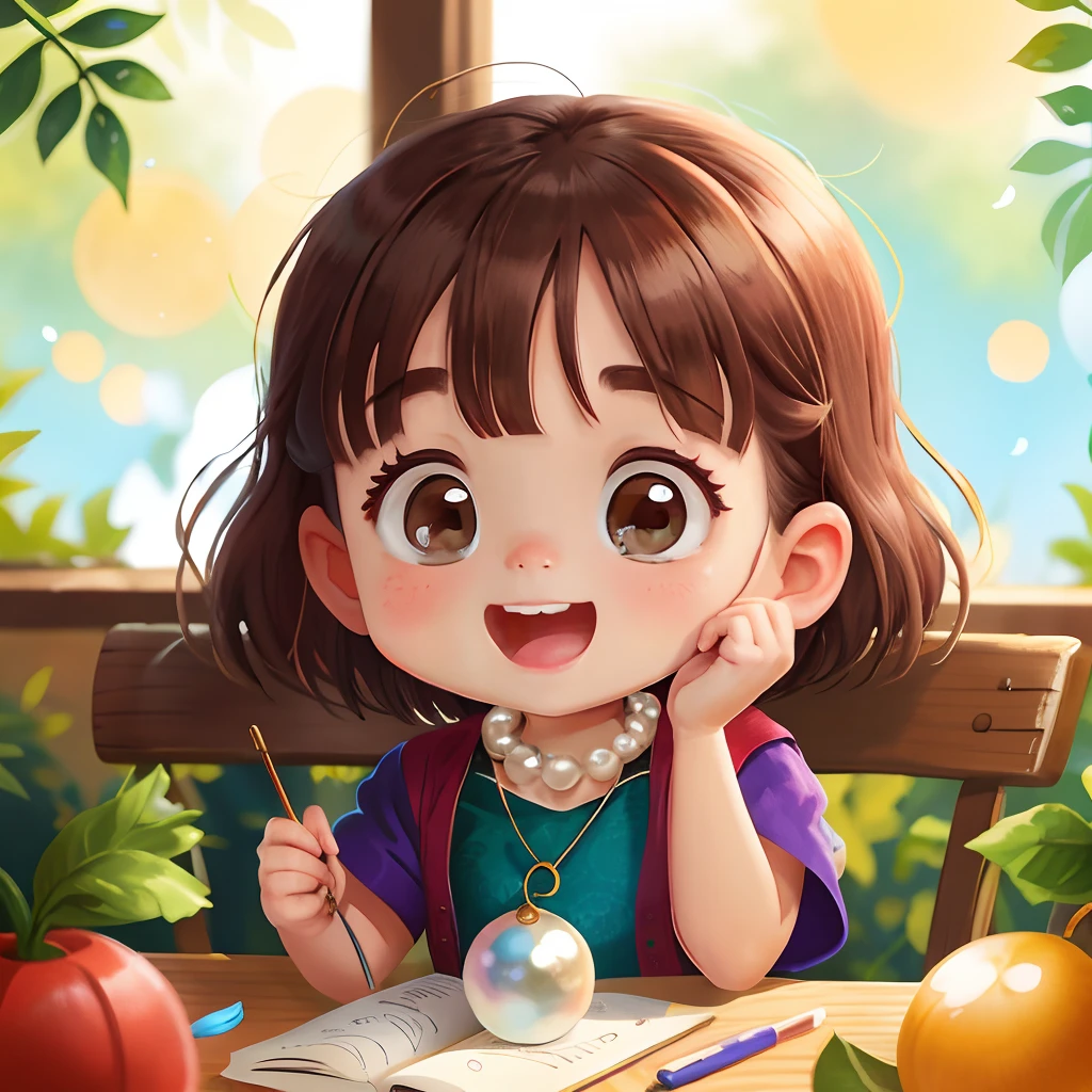 A little girl holds a pearl necklace，There are a lot of pearls on the table，Short hair girl，on cheongsam，cheerfulness，Rejoice，Perfect quality，Clear focus，（tmasterpiece：1.2） （realisticlying：1.2） （Bokeh） （best qualtiy） （detailedskin：1.3） （complexdetails） （8K） （detailedeyes） （Sharp focus）,（having fun）