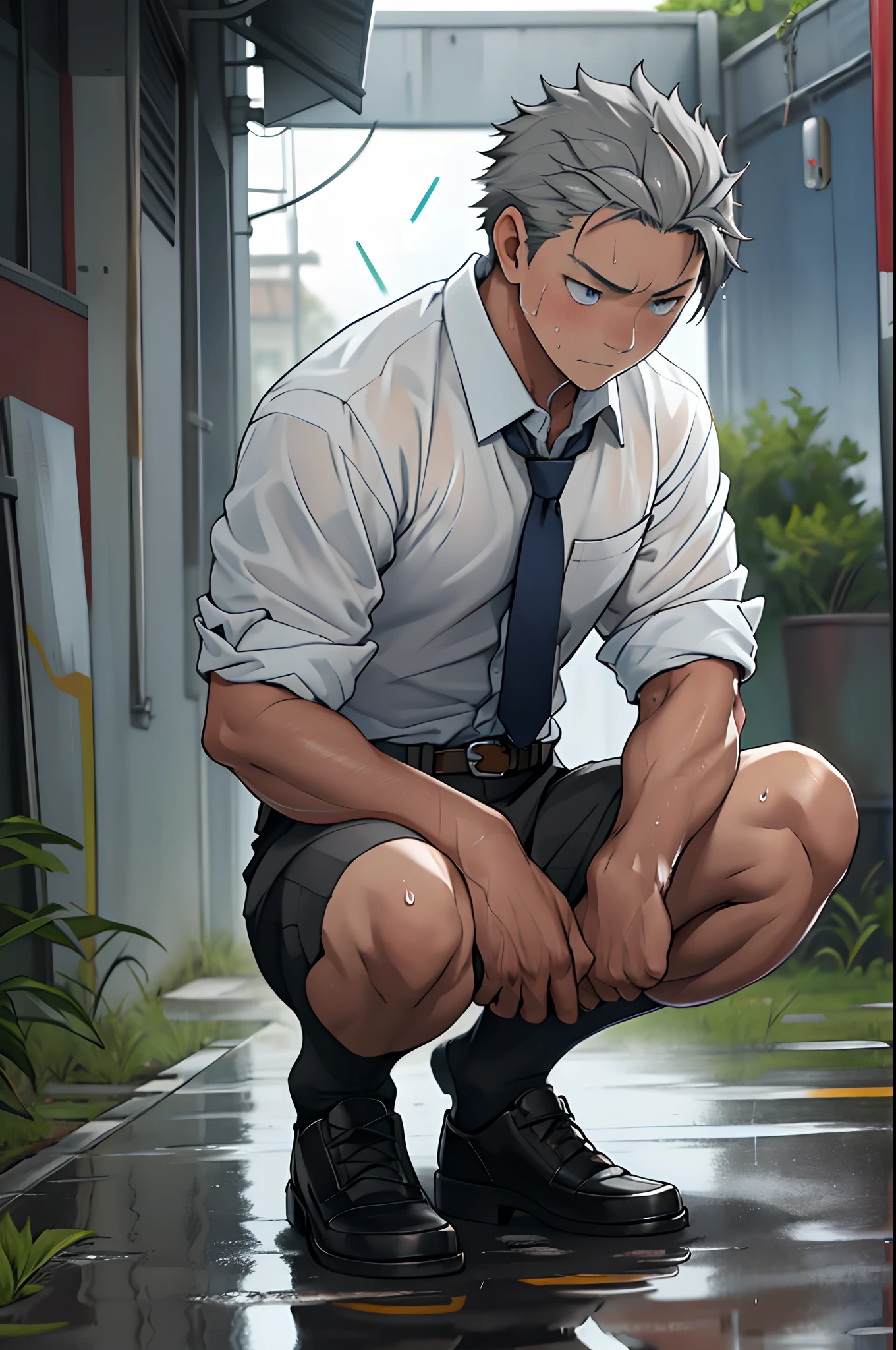 (1 Adult male),A high resolution, Sharp focus, Pixiv masterpiece, ((Complicated details)), highly detailed, natsuki_subaru, 1 man,is shy,Pee from the legs,pissing,Urine runs down the thighs,embarressed,exhilarated,is shocked,panicking,worry,A small puddle of one's own urine forms around the feet,full bodyesbian,kneels on the ground,Very eager to pee,It's uncomfortable,Wet yourself,Urine discharge, Sweaty crotch,Drenched,rain,The shirt is soaked,(A gesture of pleading),blue color eyes(eyes glowing), Short gray hair,white shirt,Wear a tie,Wear a belt,perspire,look from down