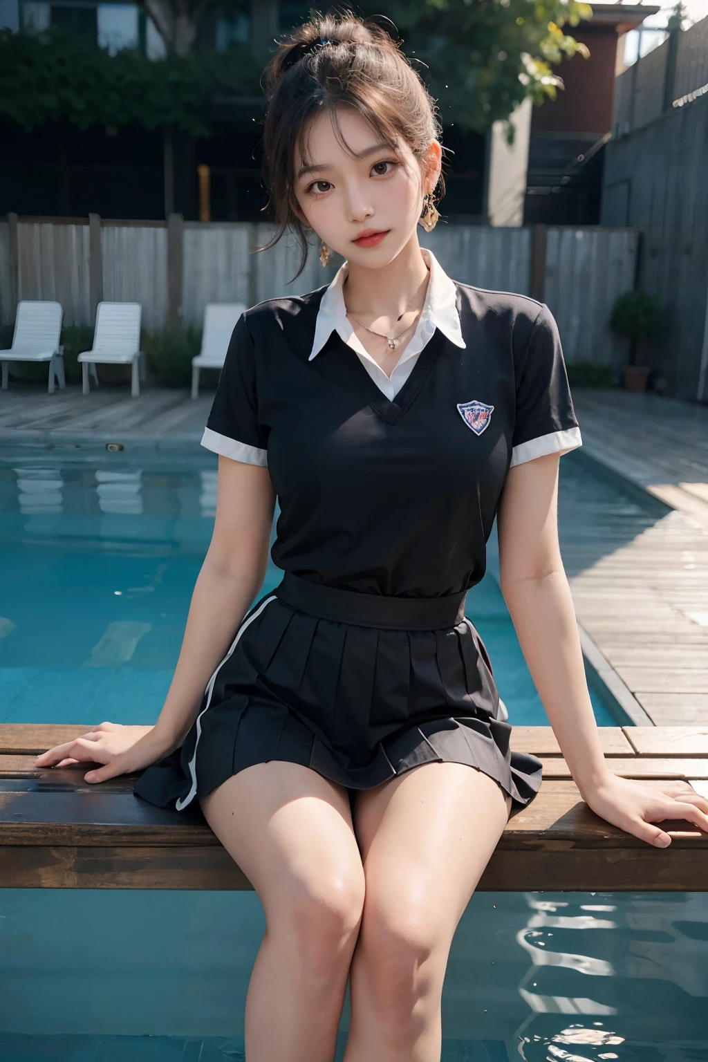 Korean school uniform, school uniform shirt, ribbon, skirt, bright brown hair, night school poolside, night poolside bench, dark atmosphere, 8K RAW photo, high resolution, 16 years old cute korean, big round breasts, beautiful eyes in detail, long eyelashes, beautiful double eyelids, slender eyes, elongated eye shape, sanpaku eyes, duck mouth, evil smile, evil expression, beautiful and very thin legs, beautiful and very thin thighs, random short hair, hair tied behind the head, earrings, necklaces,