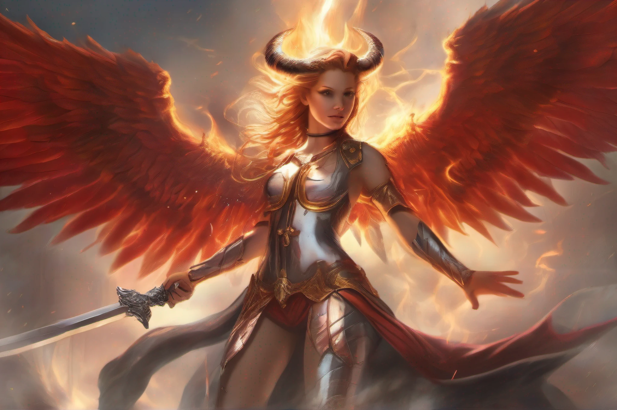 Amidst the smoking ruins of a burning city, the angel and demon face off in an epic duel. The angel radiates a pure aura, with majestic white wings and polished silver armor. She wields a flaming golden sword, ready to purify evil. Facing her is the sultry demoness, with sharp horns and black leathery wings. Brandishing a blood-red blade, she smiles confidently, eyes blazing with hellfire. She lunges at the angel, her sword whistling through the air. Their swords clash in a storm of sparks. Their gazes locked, they strain against each other. Their feet sink into the cracked ground as they struggle for dominance. With a cry, the angel breaks free and strikes, wings spread in full angelic glory. The demoness laughs and counters. The battle rages on, flames and lightning illuminating the epically matched contest between good and evil.

Copy
Retry