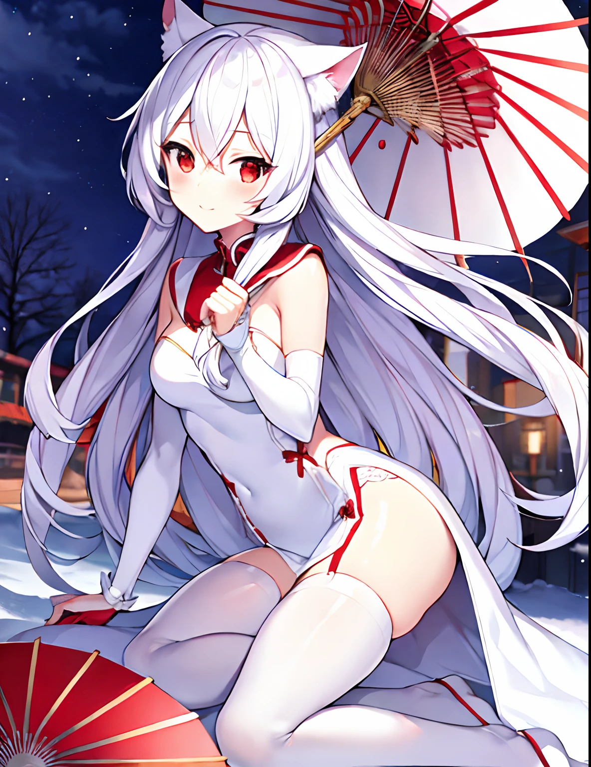 White hair, anime, shoujo, shrine, white cat ears, red witch costume, snow, red umbrella, red eyes, snow, white stockings