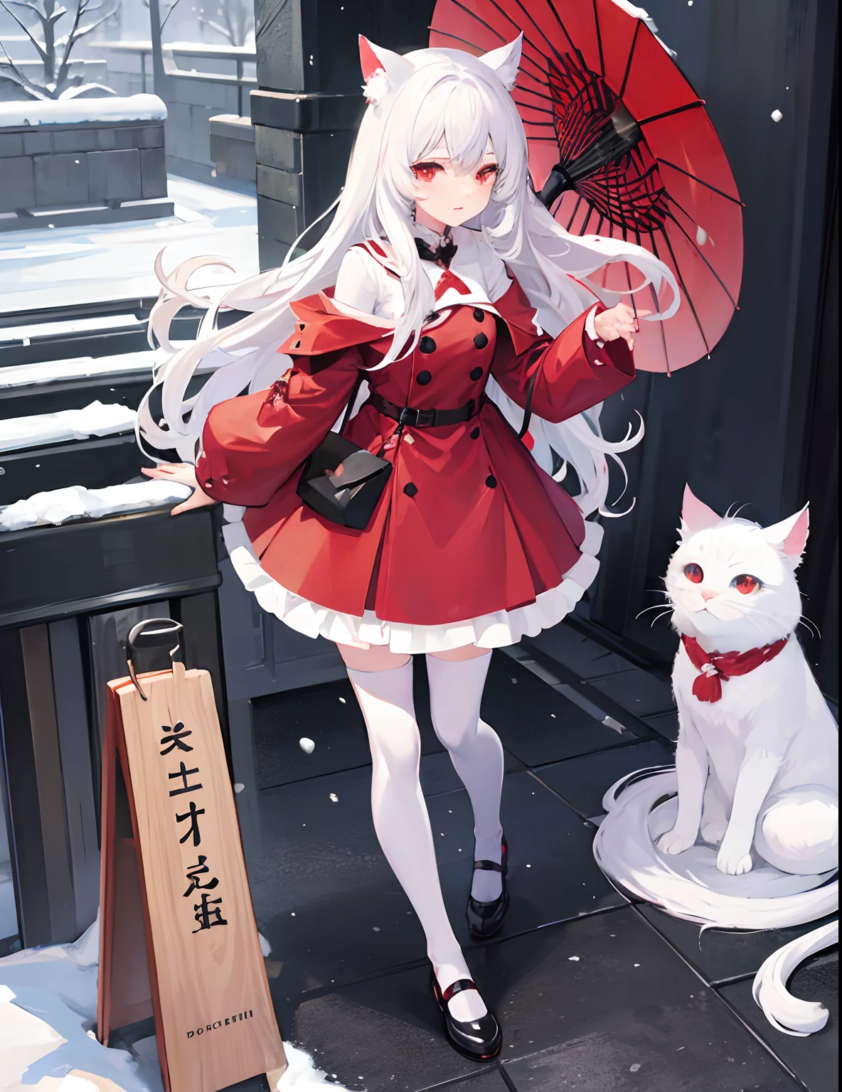 White hair, anime, shoujo, shrine, white cat ears, red witch costume, snow, red umbrella, red eyes, snow, white stockings