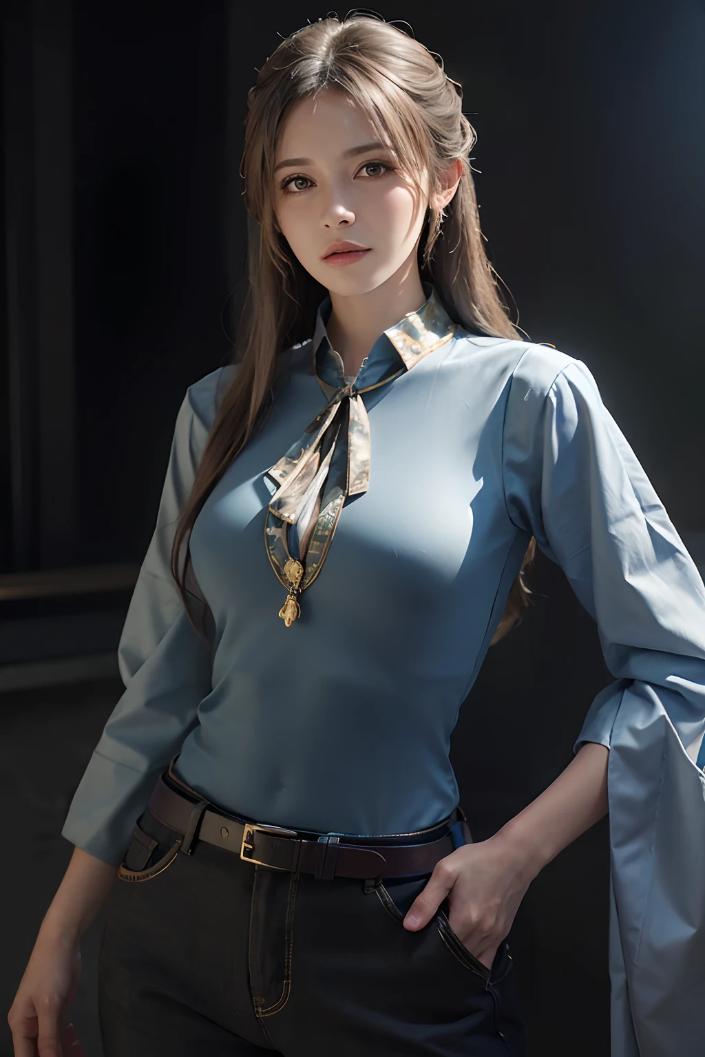 Hyperrealist portrait of female by david hockney and alphonse mucha,fantasy art, photo realistic, dynamic lighting, artstation, poster, volumetric lighting, very detailed faces, 4 k, award winning,, 1girl, in the dark, deep shadow, low key,cowboy shot,(official clothing:1.4) ,long hair,white hair,