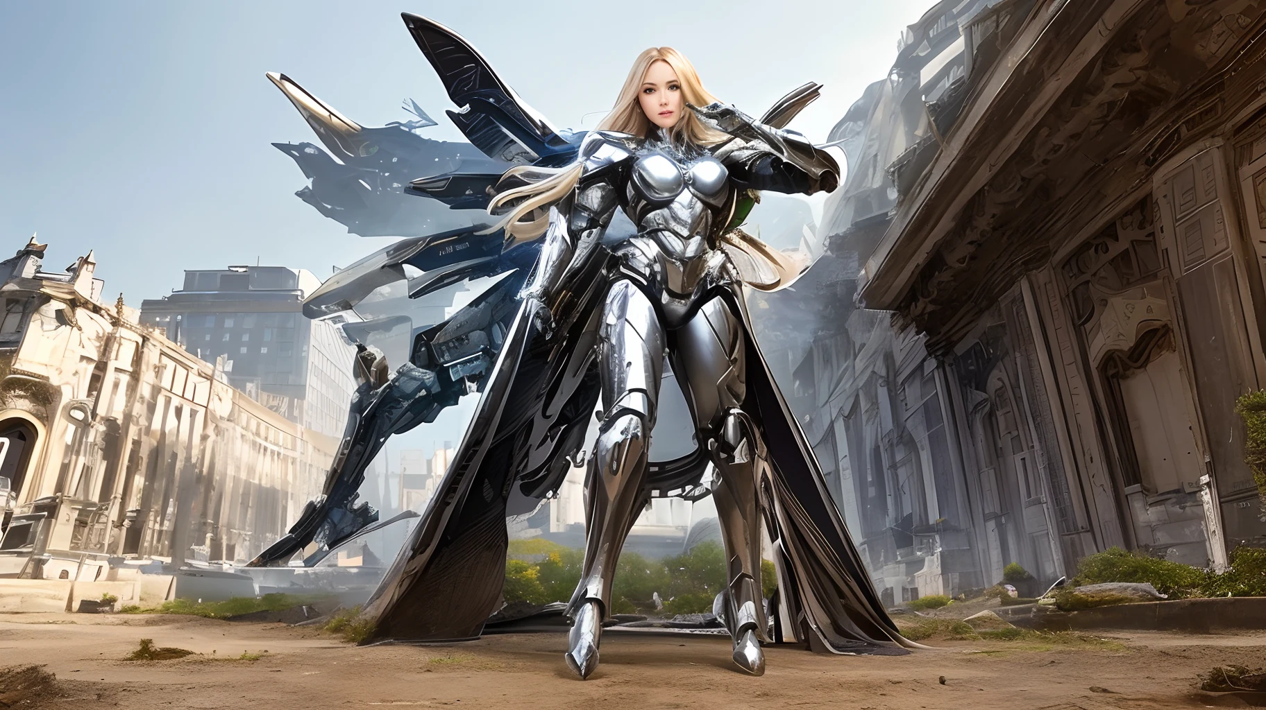 beautiful woman, blonde, captivating green eyes, female warrior, half cyborg, silver metal, triumphal pose, full body shot, realistic city background
