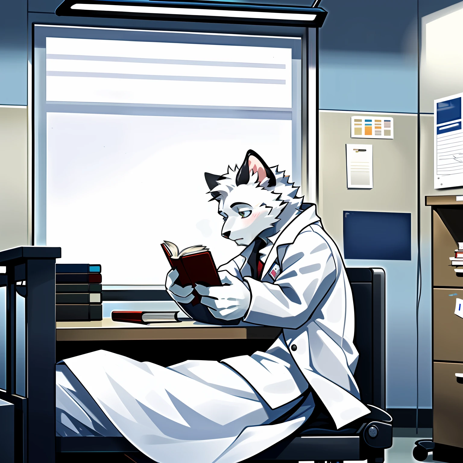Pure white kitten,The male,Reading a book at a desk in the hospital,Wear a white coat,Pure white!White white white!!!Pure white!