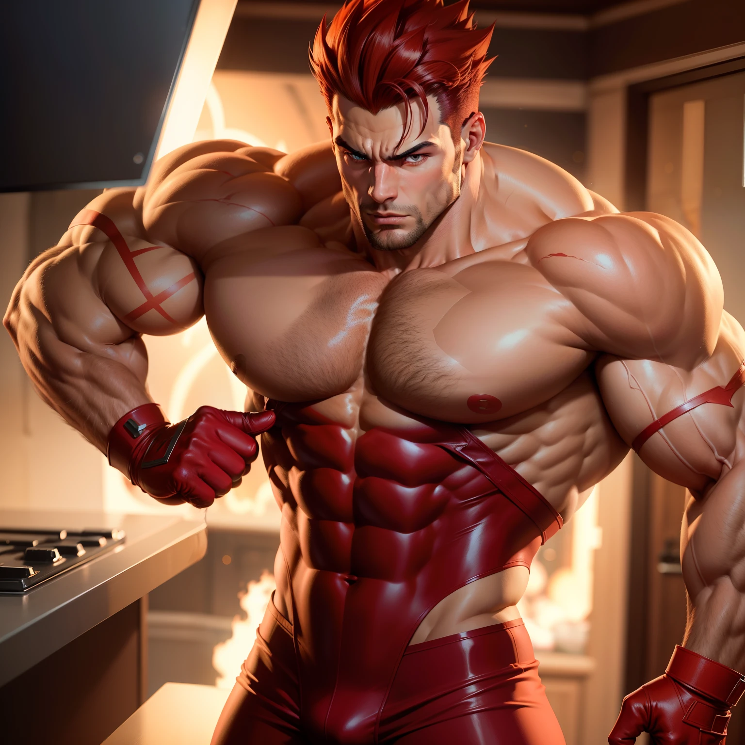Cartoon close-up of a man wearing red gloves, Muscular!!, gigachad muscular, Muscular! fantasy, SFW version, Muscular! White, Muscular!! Sci-fi, Muscular!!!, Fleshy muscle tissue, vore art, gogeta, detailed veiny muscles, Muscular!, (sfv) safe to work, a human-like juicy peach