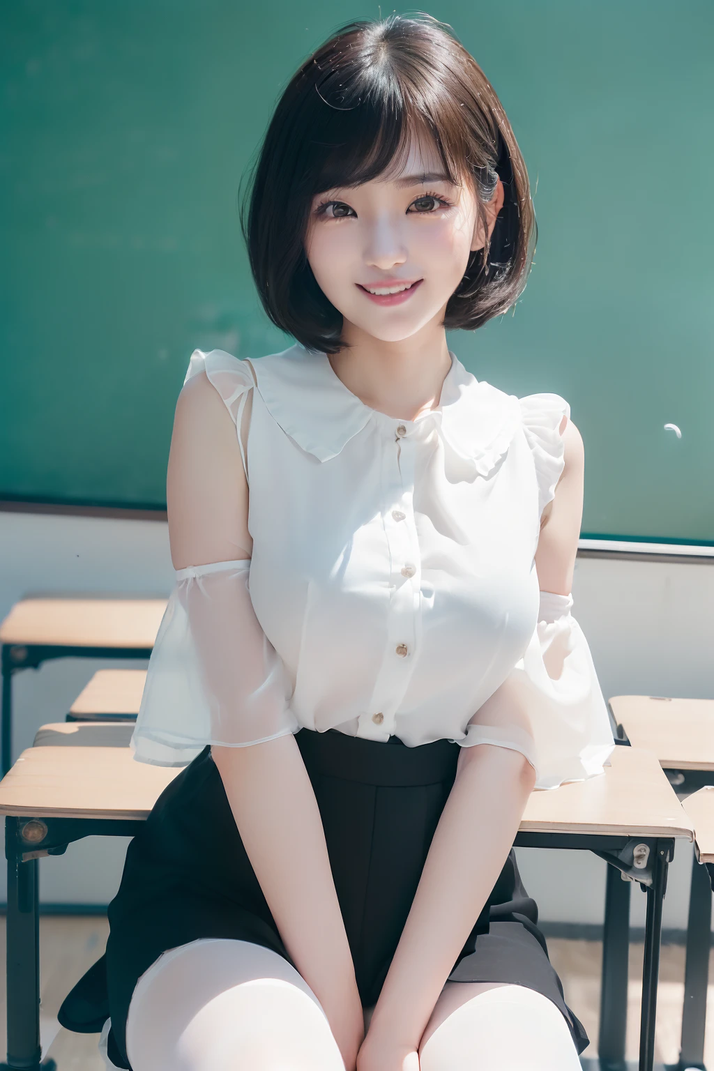 ((8k、RAW Photography、top-quality、masterpiece)、high definition RAW color photos professional close-up photos、(realisitic、photorealisim:1.37)、(top-quality)、(Best Shadows)、(The best illustrations)、((超A high resolution、high-definition CG unified 8K wallpapers、physically-based renderingt、Cinematographic lighting)、(aegyo sal:1)、((24-year-old girl、Unsupervised。facing front))、((Black suit、White blouses、Black stockings))、High School Classroom, beautiful finely detailed eyes, Light on the face, ((FULL BODYSHOT:1.2)), (Kamimei、Grinning smile:1.2),glowy skin、((A dark-haired、Short Bob Hair:1.2))、( thick thight), ulzzang-6500-v1.1:0.2, full of shyness, (The Flash:1.2), NSFW, (puffies, ((enchanting posture:1.2, enticing:1.2)), ((Sitting at a desk in a classroom:1.2)), ((Good anatomy:1.2))、((Bright and refreshing classroom、Blur background:1.2))、face perfect、kawaii faces、(high angle shot:1.2)