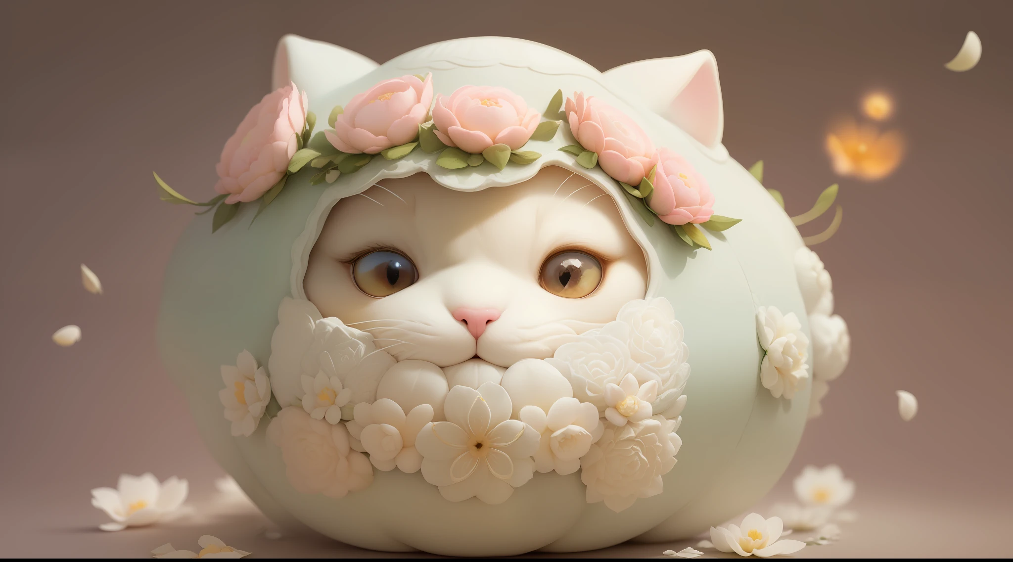(masterpiece),(best quality),(ultra-detailed), digital painting, illustration, ((portrait)), pastel colours, bloom,
(no humans), (simple background:1.4), (clean background:1.4), (blurry background:1.3),
A (fat white cat) wearing a (A balaclava filled with flowers:1.5) and (holding a huge Chinese mooncake:1.3), (grin:1.2),