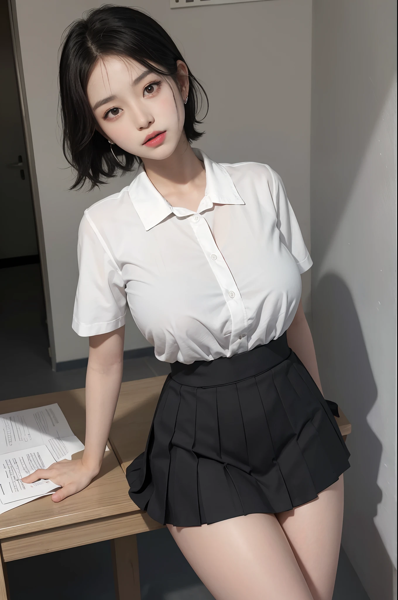 Korean school uniform,Summer uniform shirt,Ribbon Ties,White miniskirt,School Classroom,school stairs,Chest thrust pose,(the breasts are large),8K raw photos,A high resolution,cool Korean at 16 years old,very large round breasts,beautiful eyes in detail,long eyelasher,beautiful double eyelid,eye shadows,eyes liner,Cut Eyes,Elongated eye shape,Sanpaku eyes,evilsmile,Evil expression, Beautiful very thin legs,Beautiful very thin thighs,Random short hair,Hair tied behind the head,large circle earrings,(Short messy hair),With gray eyes(with black curled hair)(Close-up),(Wrapped feeling)