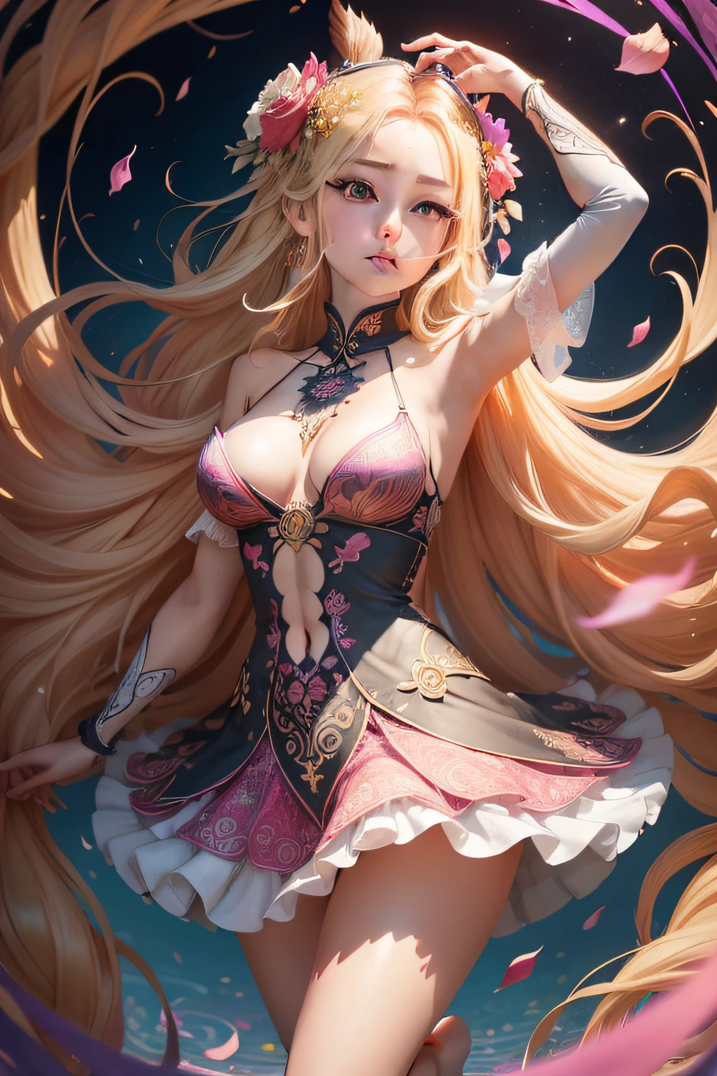 Ahri \(Liga das Lendas\), (Antecedentes muito detalhados:1.0), (Antecedentes altamente detalhados:1.0), master part, best quality, (1girl), sozinho, (garota:1.2), (Feliz),cabelos longos, blonde hair, open arms, Campo de flores, flor:2, motion blur, Roses, tulipas, (夏天:1.2), chromatic aberration, profundidade de campo, soft lighting, Rosto altamente detalhado, olhos altamente detalhados, sorrir, (flower petals falling)
(melhor qualidade, obra-prima, arte oficial, beautiful and aesthetic: 1.2), 1girl, dinamic pose, Particle, vento, flor, parte superior do corpo, olhando para o espectador, loira, lingerie, extremamente detalhada, (arte fractal: 1.2), colorida, (zentangle:1.2), (fundo abstrato:1.5), (muitas cores:1.4), fragmentos pixelados, data corruption, colorful noise, caos visual, (enfeites de cabelo, brincos, enfeites de cabelo com flores),
(((master part))),melhor qualidade,lindodetalheedglow,
papel_cortar, fantasia, fundo branco,  corpo inteiro,1girl, barefoot, phoenix,fire,
(obra-prima, qualidade superior, melhor qualidade, arte oficial, beautiful and aesthetic: 1.2), (1girl:1.3), extremamente detalhado,(arte fractal:1.1),(colorido:1.1)(flores:1.3),mais detalhado,( zentangle:1.2), (Dynamic Stance), (fundo abstrato:1.3), (pele brilhante), (muitas cores:1.4), ,(brincos:1.4), (penas:1.4)