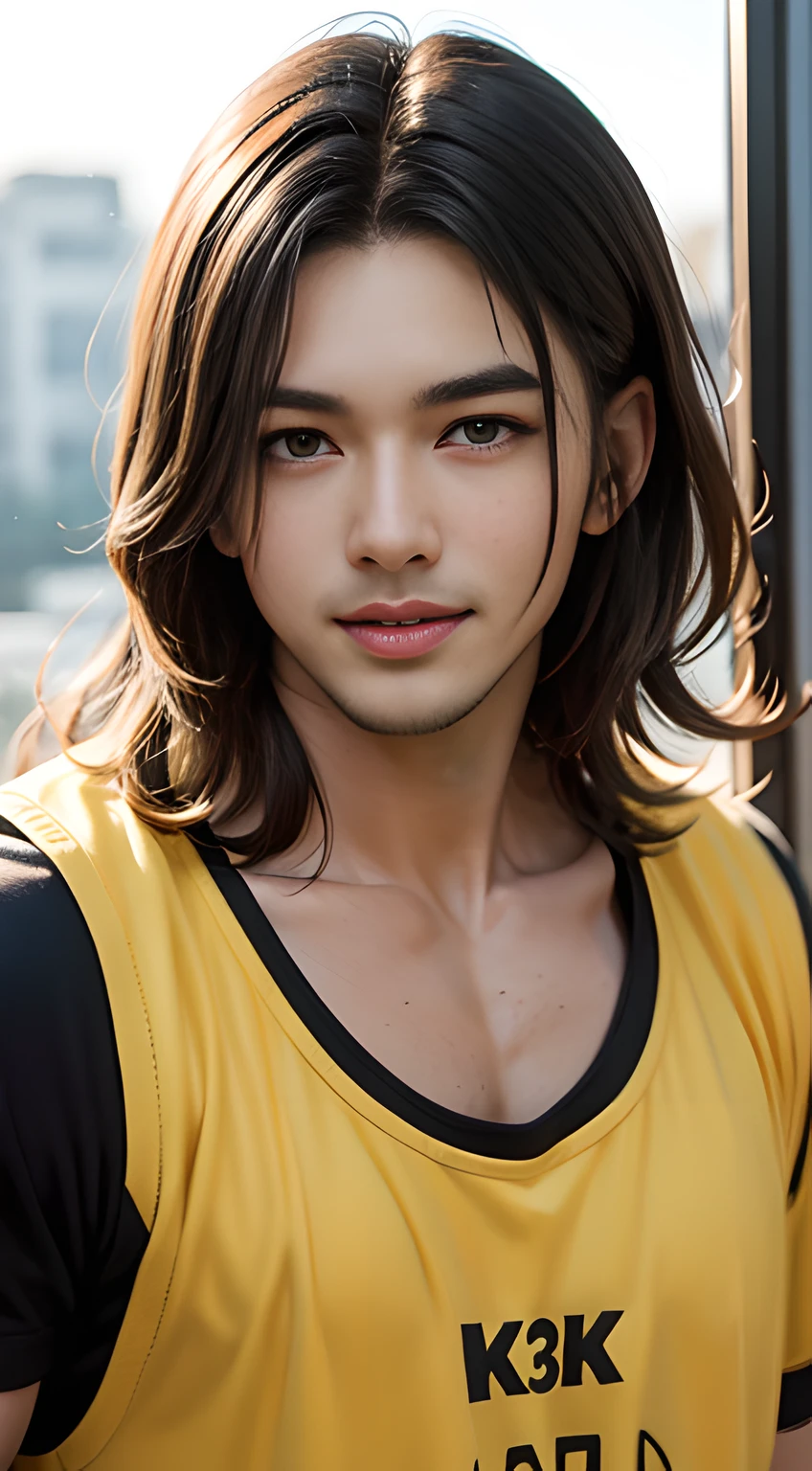 ((Men only)), (cowboy shot), (tanned black Handsome muscular young man in his 20s), ( wearing a yellow outfit), (Chris Redfield), yellow hair, Mischievous smile, (detaile: 1 in 1), Natural muscles, HIG quality, beautidful eyes, (Detailed face and eyes), (Face、: 1 / 2), Noise, Real Photographics、... ................................................................................................................PSD, Sharp Focus, High resolution 8K, realisitic & Professional Photography, 8K UHD, Soft lighting, High quality, Film grain, FujifilmXT3