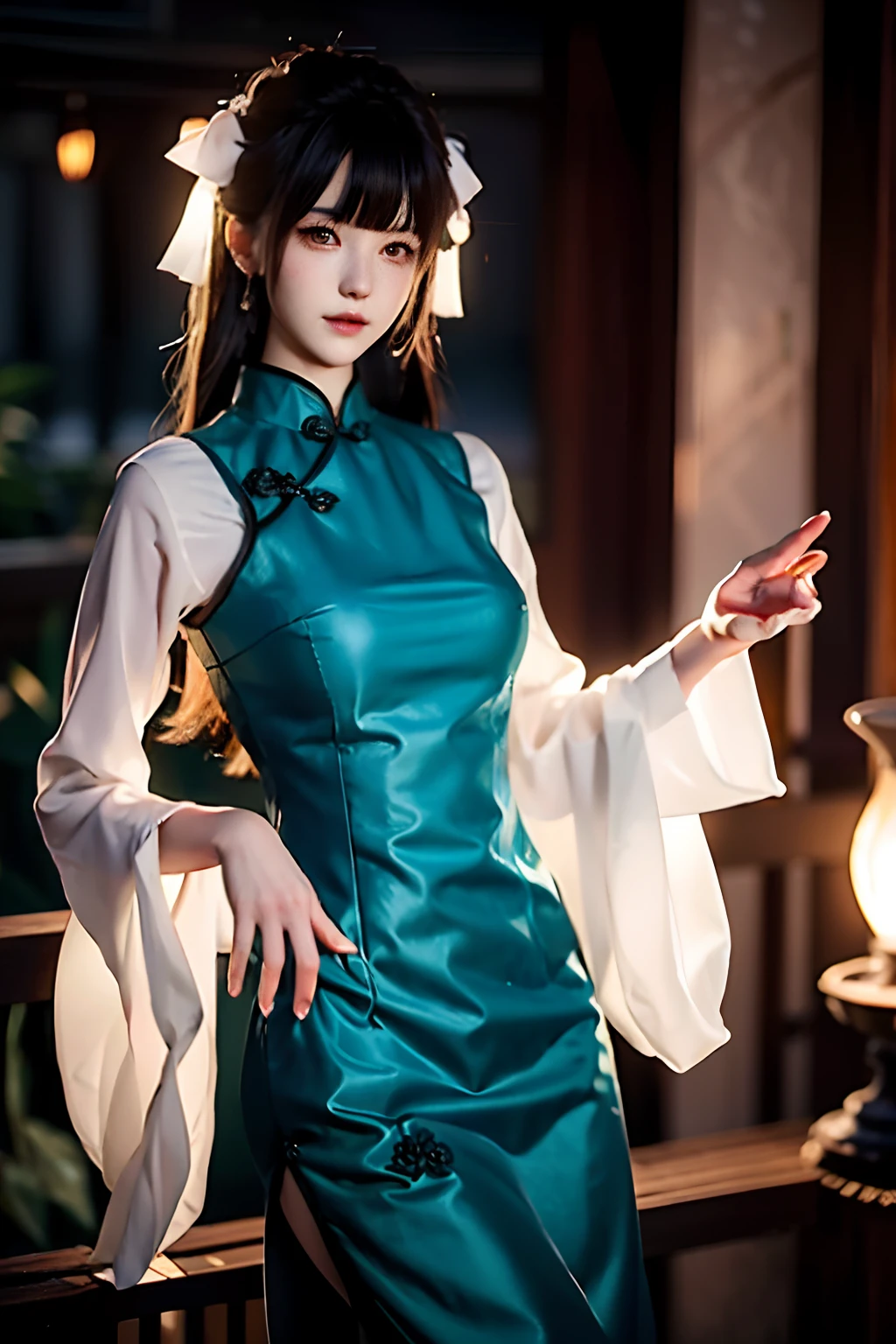 There is a girl in a green dress, clubs，palaces，oriental architecture ray tracing，{best qualtiy}，{ {tmasterpiece}}，Extremely detailed 8K wallpaper，{An extremely delicate and beautiful}，coloured with lots of colour，intricately details，photorealestic，Realiy，Camera quality，（Carefully portray clothes），Cold white skin，（Carefully portray blush）,1080p，suns，Soft cute，Smooth light silver hair，Messy beauty，lamplight，Sense of brokenness，The skin is shiny and silky，3D stereoscopic，tmasterpiece，The best quality，The illustrations are super detailed，beautidful eyes，Very delicate light，Fine luminescence，Very detailed 8K CG wallpaper，Peach blossom eyes，Red pupils，An extremely delicate and beautiful girl，8k wallpaper，best qualtiy，close-up all over the body，a white long skirt，Luxuriously silky bright red chiffon overshine（Illusion，glitters，Ultrathin，softness，cleanness，）Hanfu
